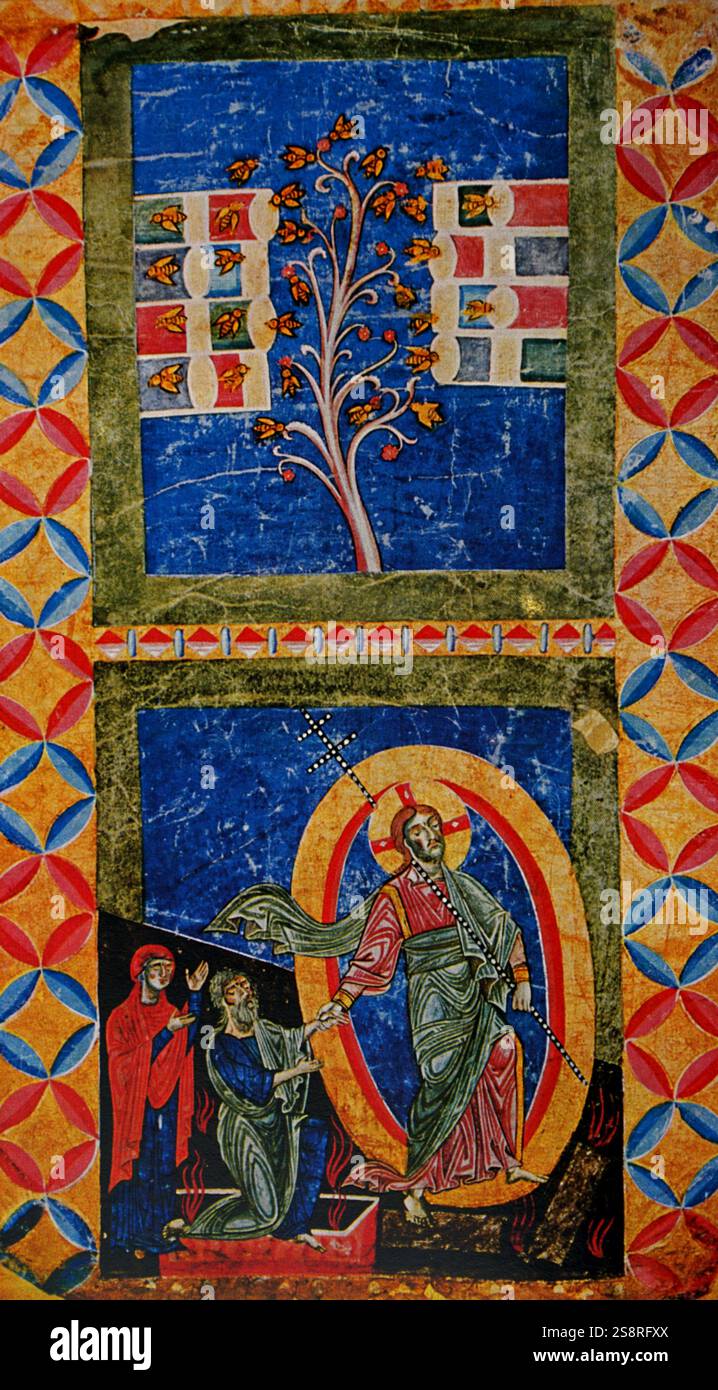 Fresque représentant le Christ dans les limbes de la Prestation aux aînés - Rouleau Exultet. De la Campanie en Italie. En date du 13e siècle Banque D'Images