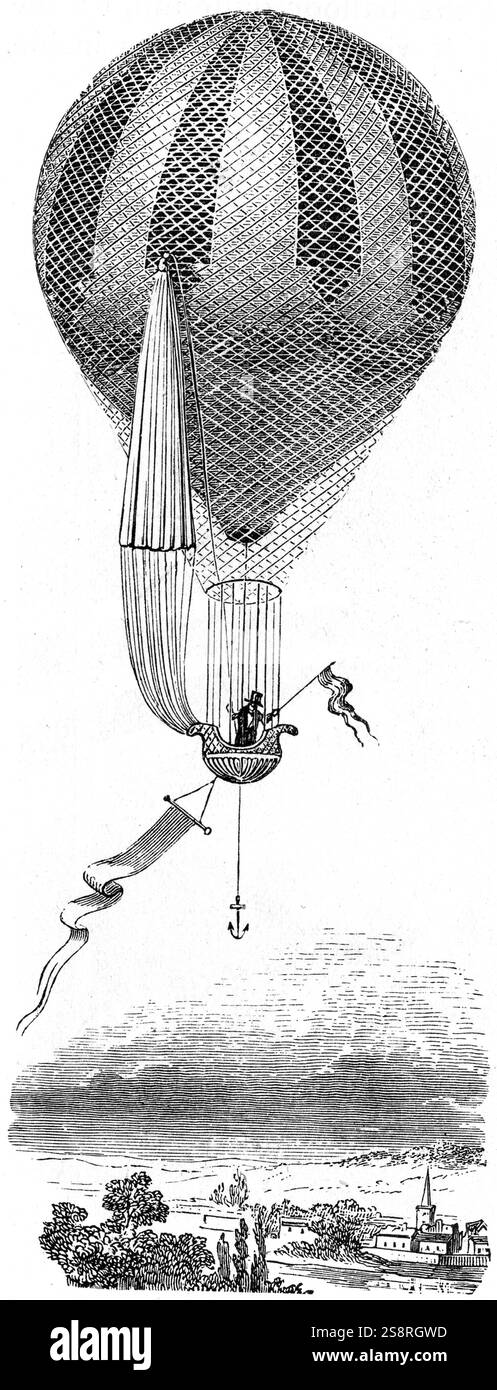 Illustration représentant un ballon à air chaud qui a été équipé d'un parachute. En date du 19e siècle Banque D'Images