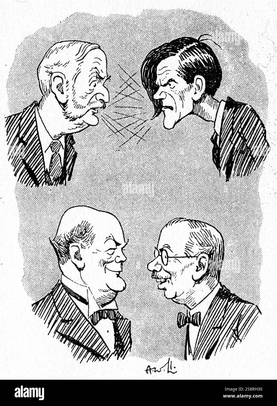 Caricature montrant un différend entre George Lansbury (1859-1940), James Maxton (1885-1946), Douglas Hogg, 1er vicomte Hailsham (1872-1950) et James Henry Thomas (1874-1949). En date du 20e siècle Banque D'Images