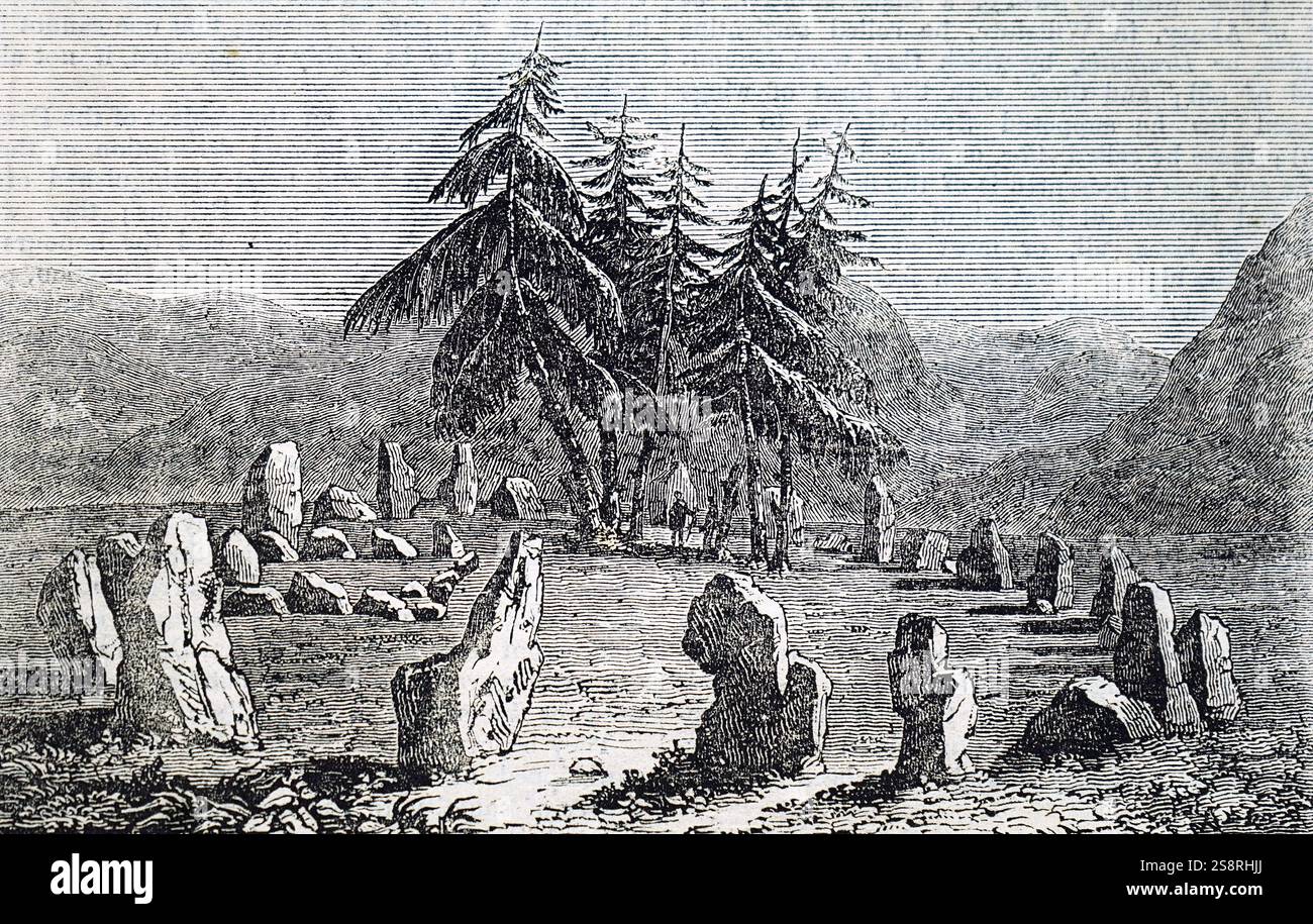 Gravure représentant le cercle de pierres de Castlerigg près de Keswick en Cumbria. En date du 19e siècle Banque D'Images