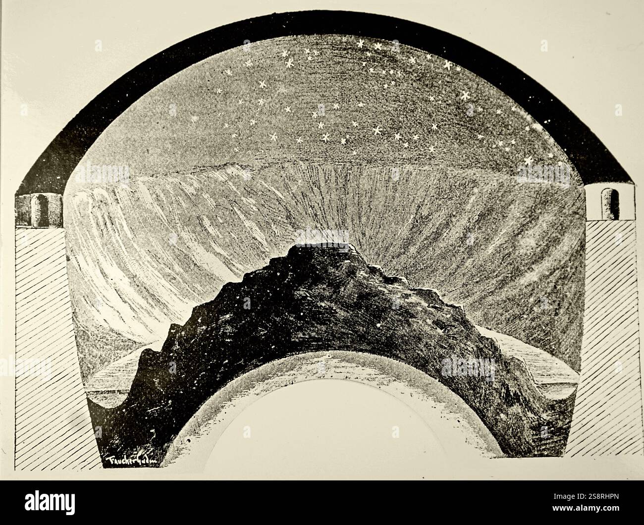 Illustration représentant l'univers d'après les anciens Babyloniens. La terre est située au centre et a la masse creuse pour les morts. Autour de la terre se trouve un océan circulaire, entourée par une chaîne de montagnes qui s'appuie le dôme solide du ciel. En date du 19e siècle Banque D'Images