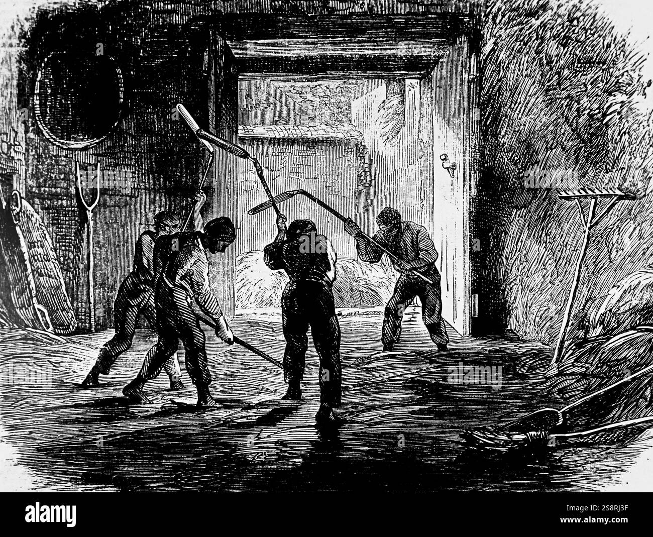 Gravure illustrant le battage du maïs, sur une aire de battage, à l'aide d'un fléau à la main. En date du 19e siècle Banque D'Images