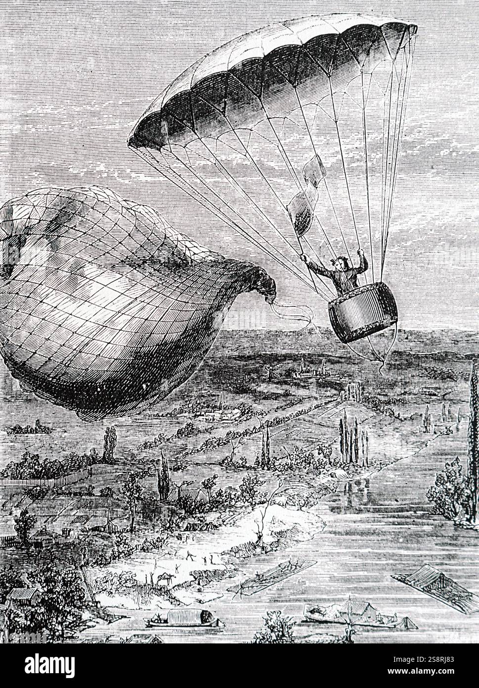 André-Jacques Garnerin gravure illustrant à sa première descente en parachute. André-Jacques Garnerin (1769-1823) un aéronaute français et inventeur du parachute sans cadre. En date du 18e siècle Banque D'Images