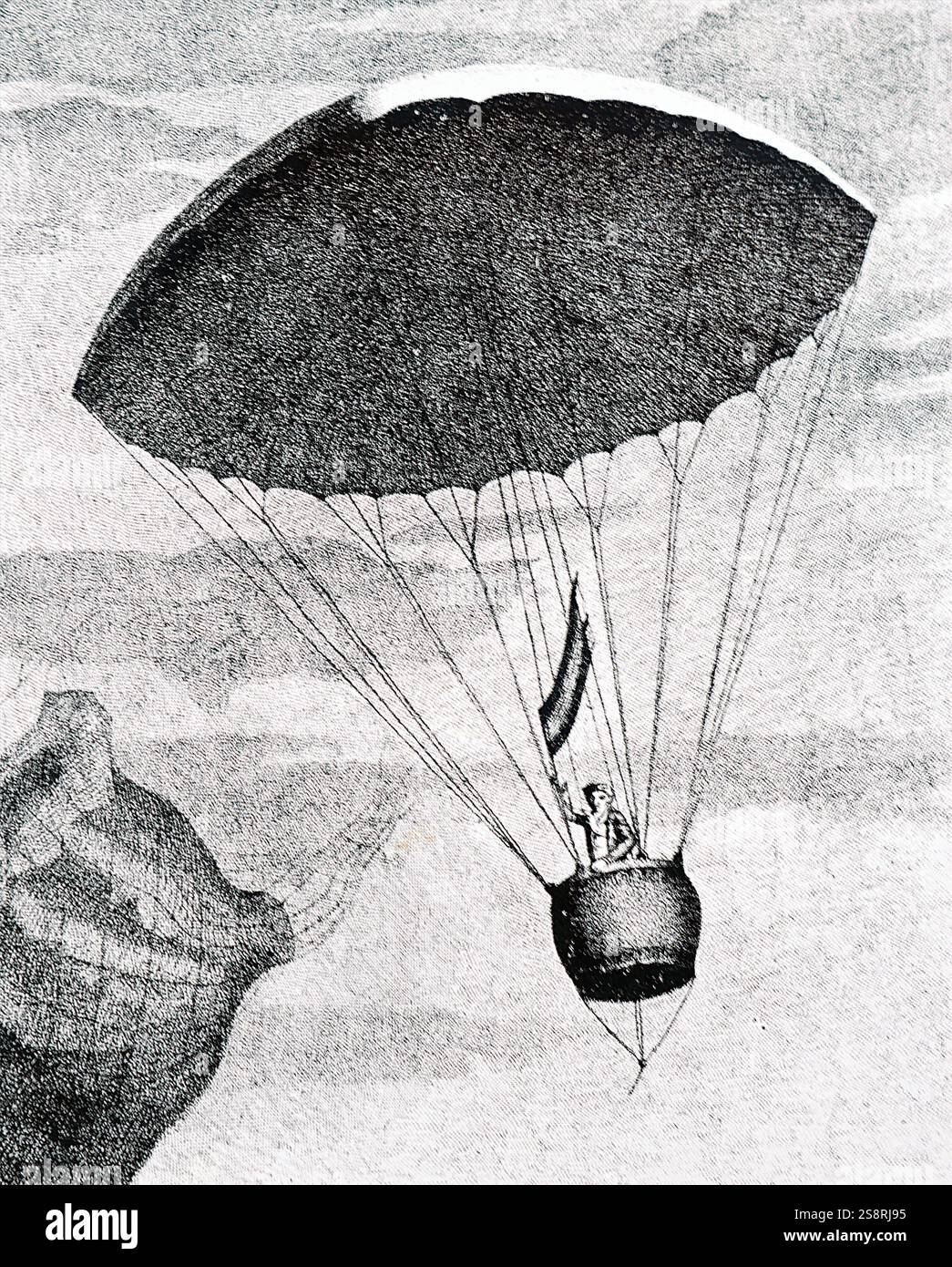 André-Jacques Garnerin gravure illustrant à sa première descente en parachute. André-Jacques Garnerin (1769-1823) un aéronaute français et inventeur du parachute sans cadre. En date du 18e siècle Banque D'Images