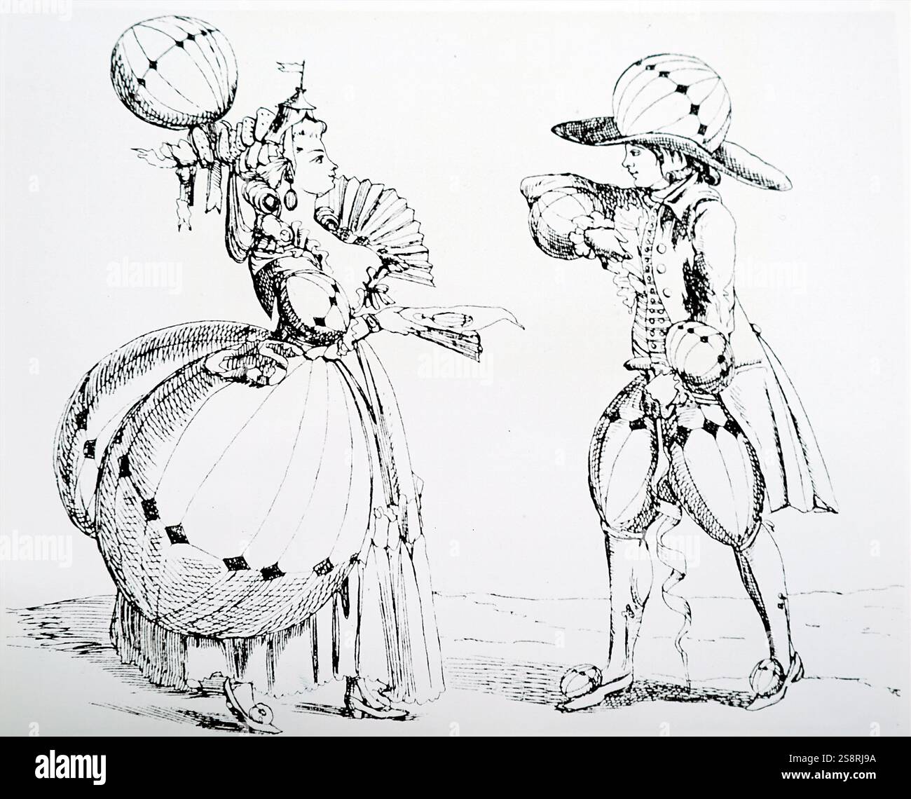 Illustration des pièces de mode d'un riche couple qui imite des ballons. En date du 19e siècle Banque D'Images