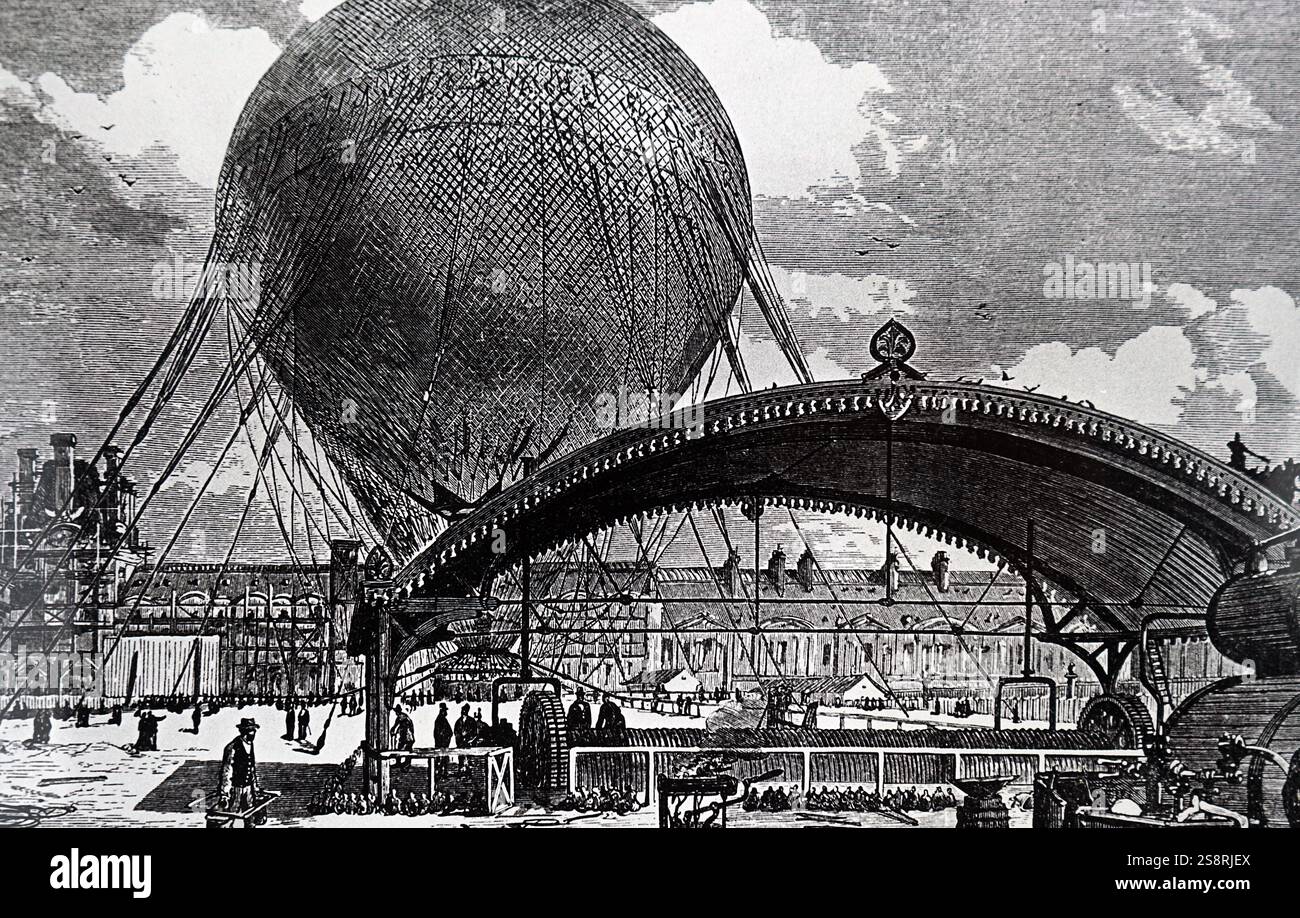 Gravure illustrant la préparation de la montgolfière 'captifs' pour l'Exposition de Paris. En date du 19e siècle Banque D'Images