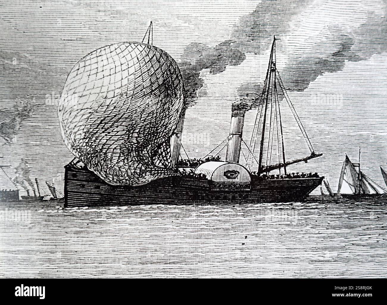 Gravure illustrant le paquet Calais sauvetage Colonel Saumure et M. Joseph Simmons du canal après leur tentative de traverser de l'Angleterre à la France en ballon. En date du 19e siècle Banque D'Images