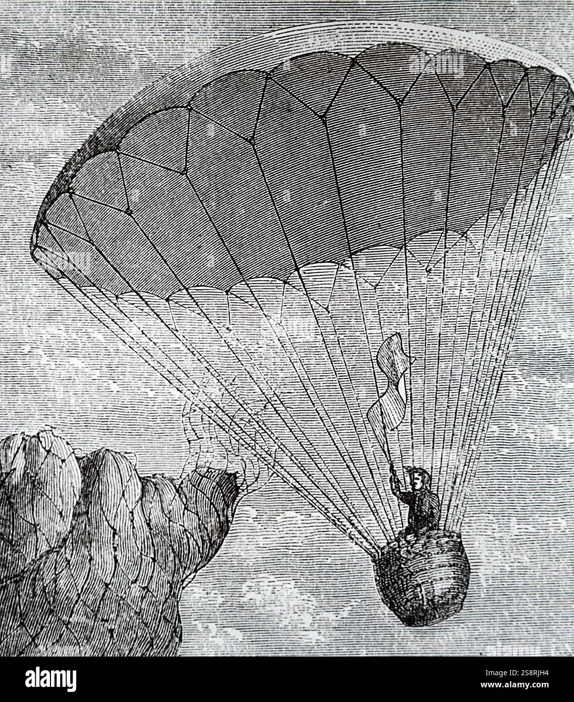 André-Jacques Garnerin gravure illustrant à sa première descente en parachute. André-Jacques Garnerin (1769-1823) un aéronaute français et inventeur du parachute sans cadre. En date du 18e siècle Banque D'Images