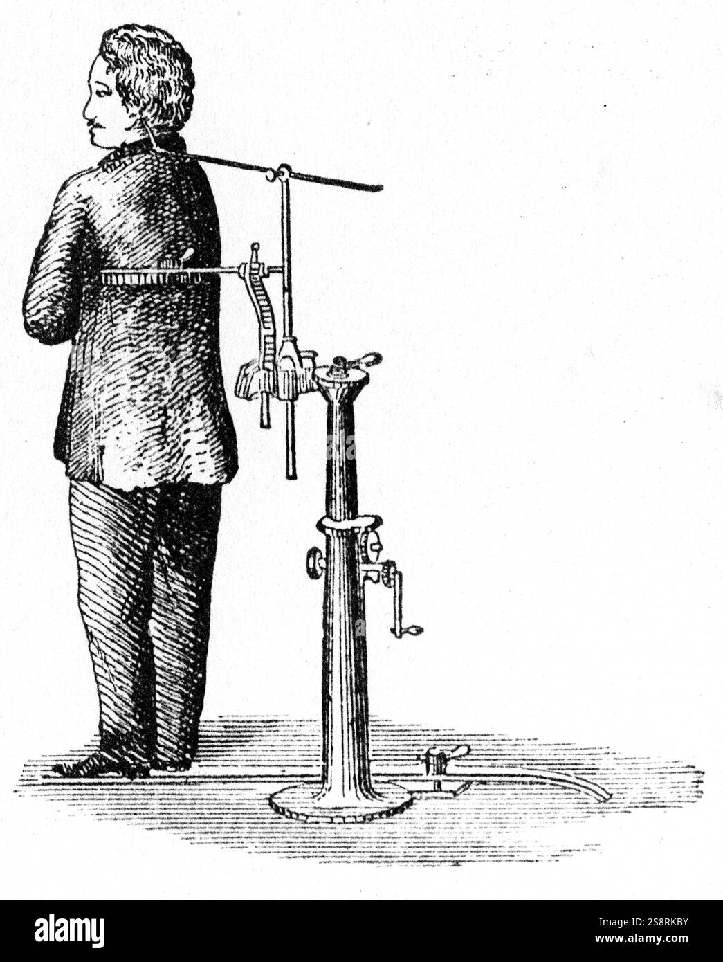 Gravure représentant un collier permanent utilisé pour garder l'objet tout droit pendant une longue exposition de photographies. En date du 19e siècle Banque D'Images