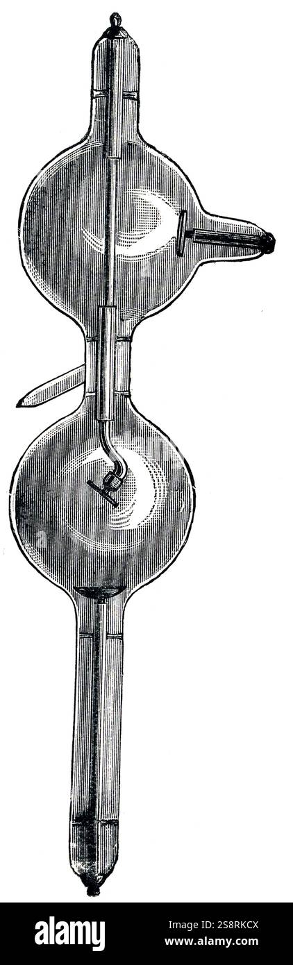 Gravure représentant un tube à rayons x régénératrice, qui par deux ampoules, admis un vide plus efficace d'être créé. En date du 19e siècle Banque D'Images