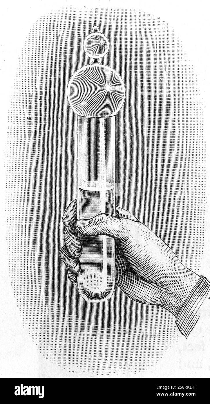Gravure représentant un bélier : tube en verre épais à moitié rempli d'eau et avec de l'air épuisé. Lorsque le tube est inversé, l'eau tombe comme une masse solide. En date du 19e siècle Banque D'Images