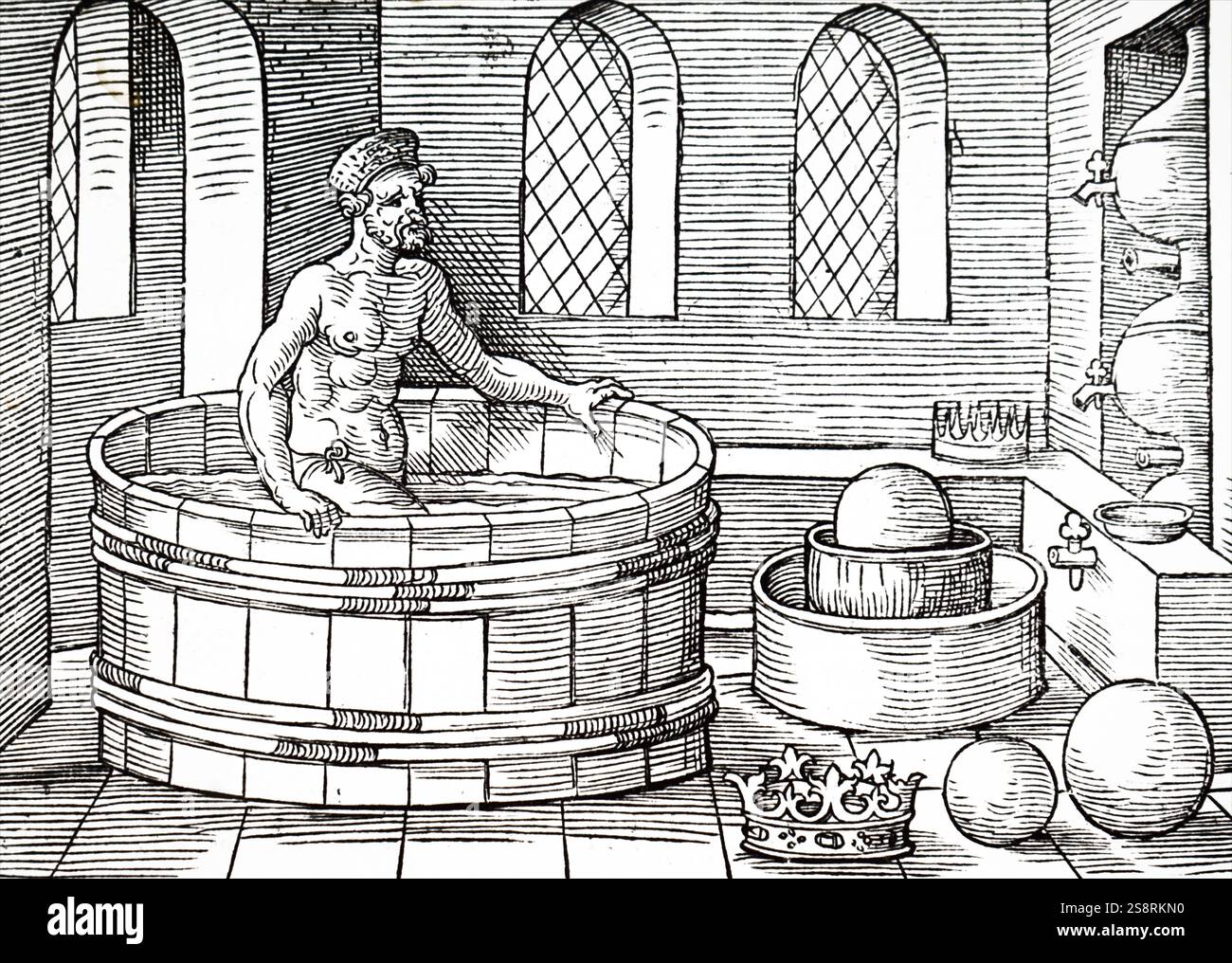 Gravure représentant un ancien Grec Archimède, mathématicien, physicien, ingénieur, inventeur, et l'astronome, assis dans sa baignoire. En date du 16e siècle Banque D'Images