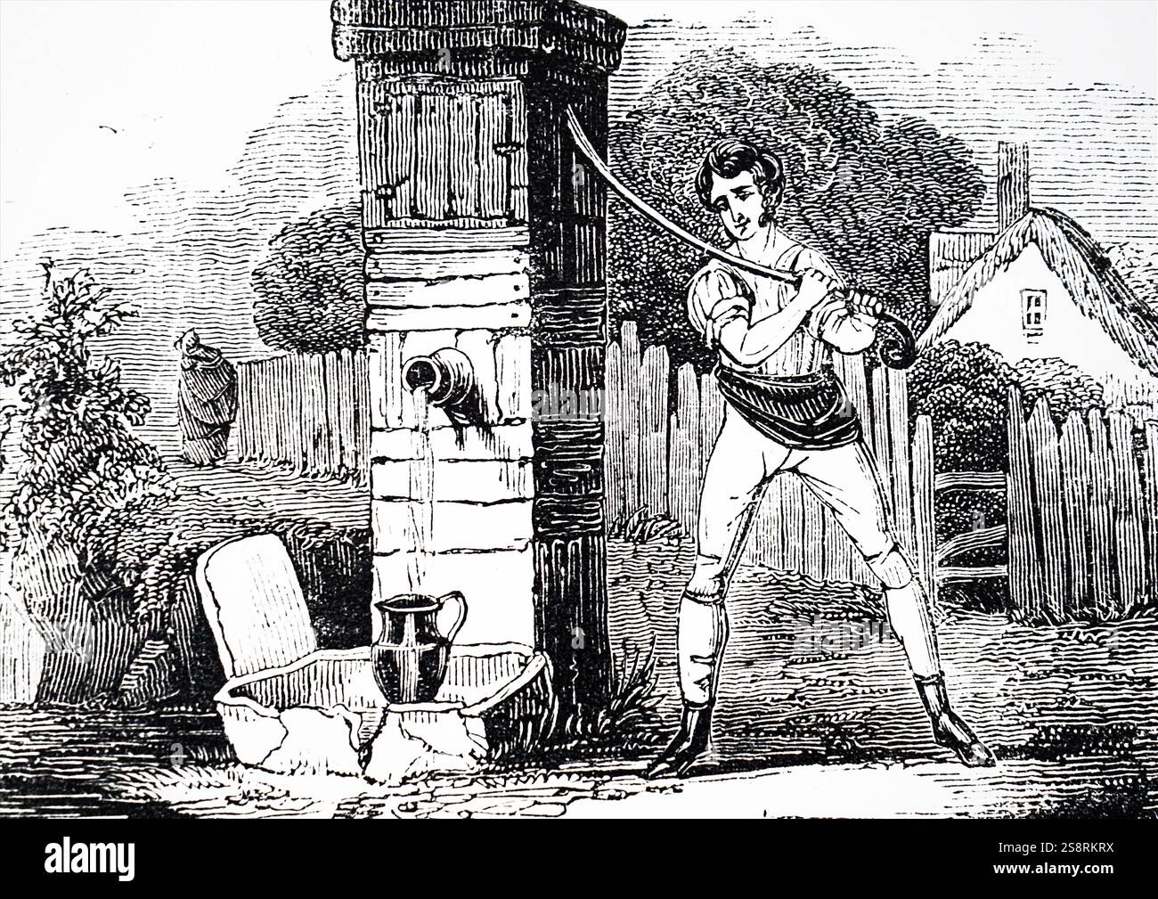 Gravure illustrant le travail de la poignée d'une pompe (un levier) afin de tirer de l'eau. En date du 19e siècle Banque D'Images