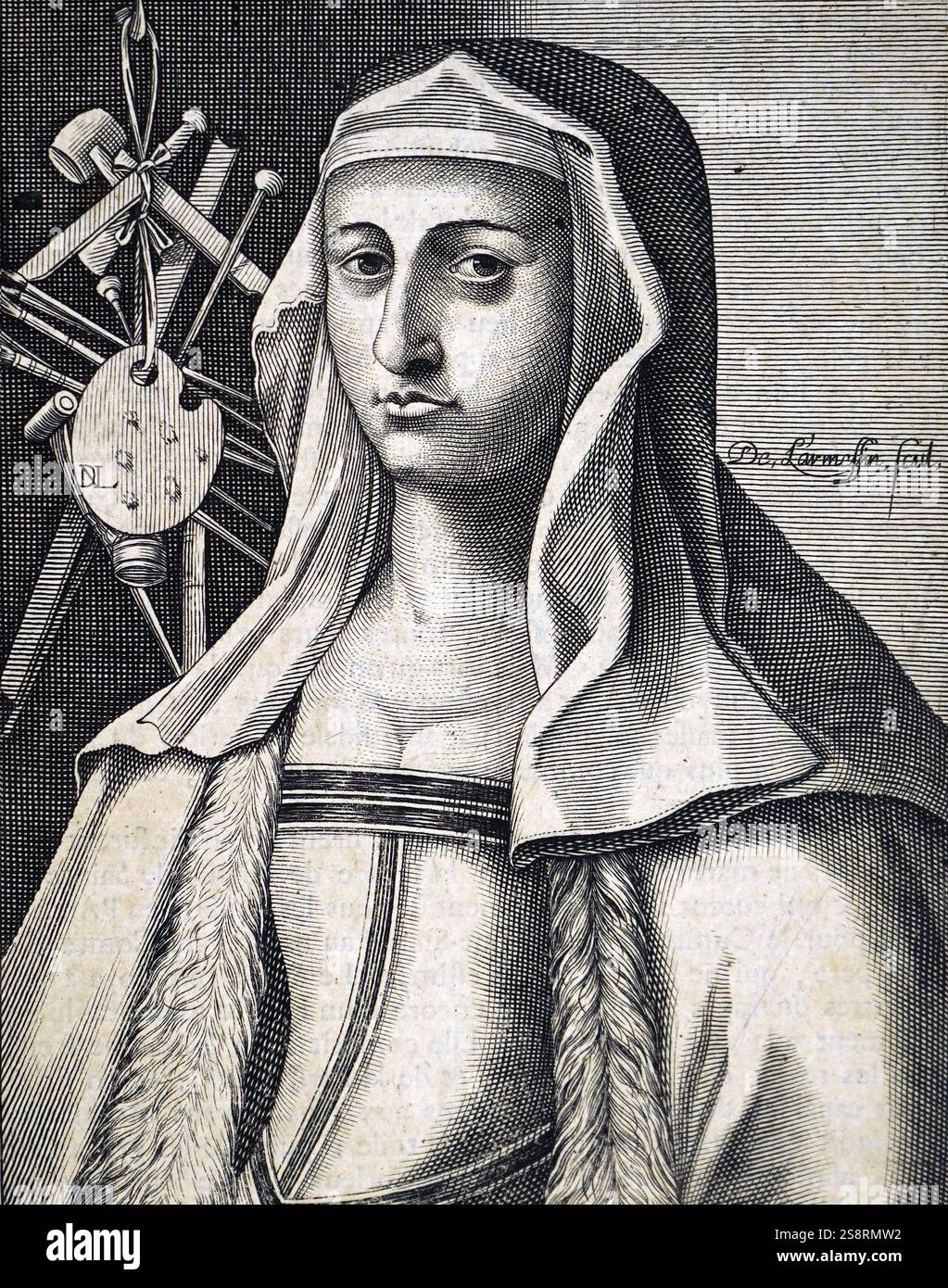 Portrait gravé de Properzia de Rossi (1490 - 1530) une femme sculpteur et musicien. Élève de Marcantonio Raimondi, mieux connu pour son travail à Raphaël. En date du 16e siècle Banque D'Images
