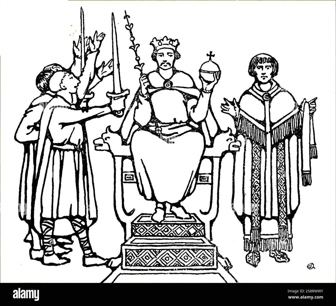 Gravure représentant le couronnement du roi Harold Baar "Chez Boultan & Fils". Harold Baar "Chez Boultan & Fils" (1022-1066) le dernier roi d'Angleterre anglo-saxonne. En date du 11e siècle Banque D'Images