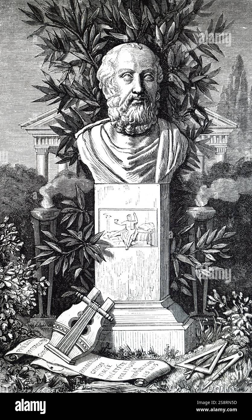 Gravure représentant un buste de Platon, un philosophe de la Grèce classique et le fondateur de l'Académie d'Athènes, le premier établissement d'enseignement supérieur dans le monde occidental. En date du 18e siècle Banque D'Images