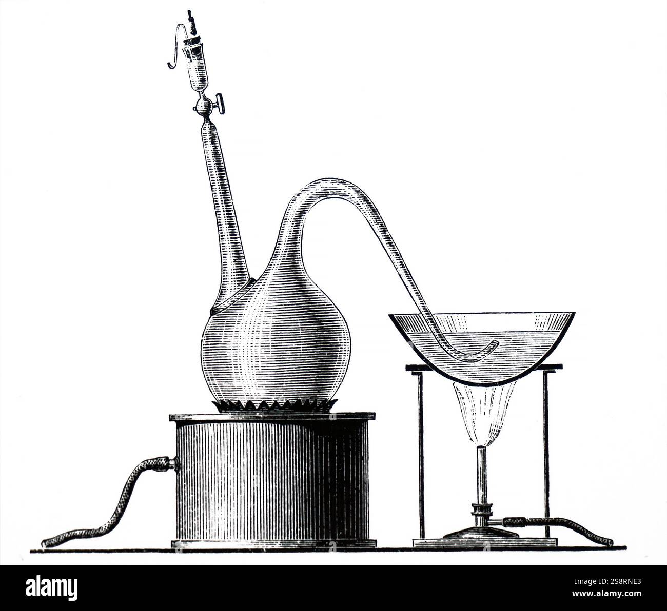 Gravure représentant une expérience de Louis Pasteur démontre que la fermentation et la putréfaction sont causés par les organismes vivants. Le contenu du ballon sont stérilisés et le ballon est ensuite laissée avec le S cou ouvert, mais n'importe quel organisme entrant tombe dans le coude de la S. C'est seulement lorsque le col de la fiole est brisée et de l'air admis que tout changement se produit. Louis Pasteur (1822-1895), un biologiste français, microbiologiste et chimiste réputé pour ses découvertes sur les principes de la vaccination, la fermentation microbienne et la pasteurisation. En date du 19e siècle Banque D'Images