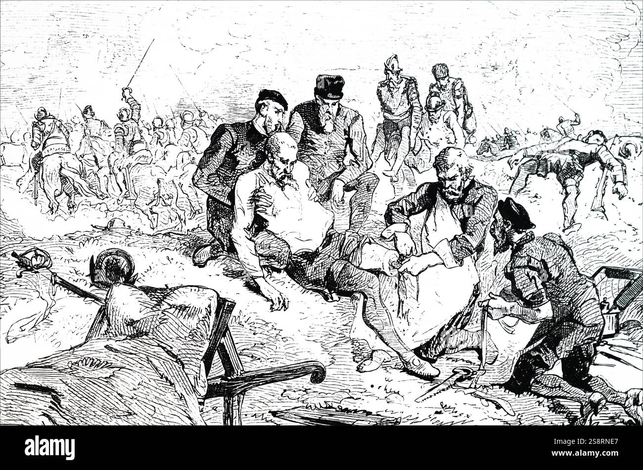 Gravure représentant Ambroise Paré le nouage artères après amputation lors du siège de Boulogne (1545). Ambroise Paré (1510-1590) un chirurgien barbier français pour des rois Henri II, François II, Charles IX et Henri III. En date du 19e siècle Banque D'Images