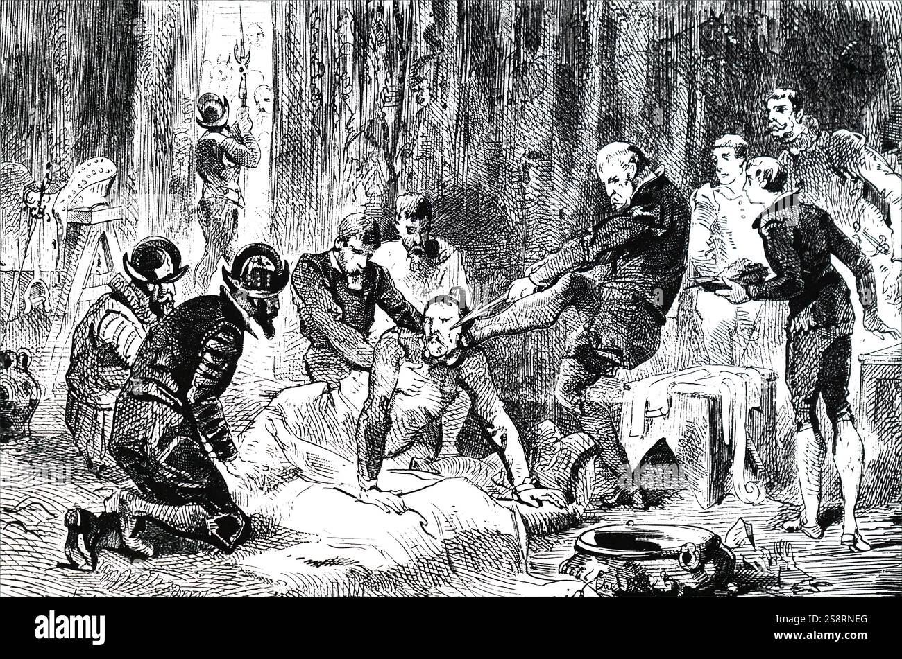 Gravure représentant Ambroise Paré dépose une lance à partir de la face de la Duc due couvert lors du siège de Boulogne (1545). Ambroise Paré (1510-1590) un chirurgien barbier français pour des rois Henri II, François II, Charles IX et Henri III. En date du 19e siècle Banque D'Images