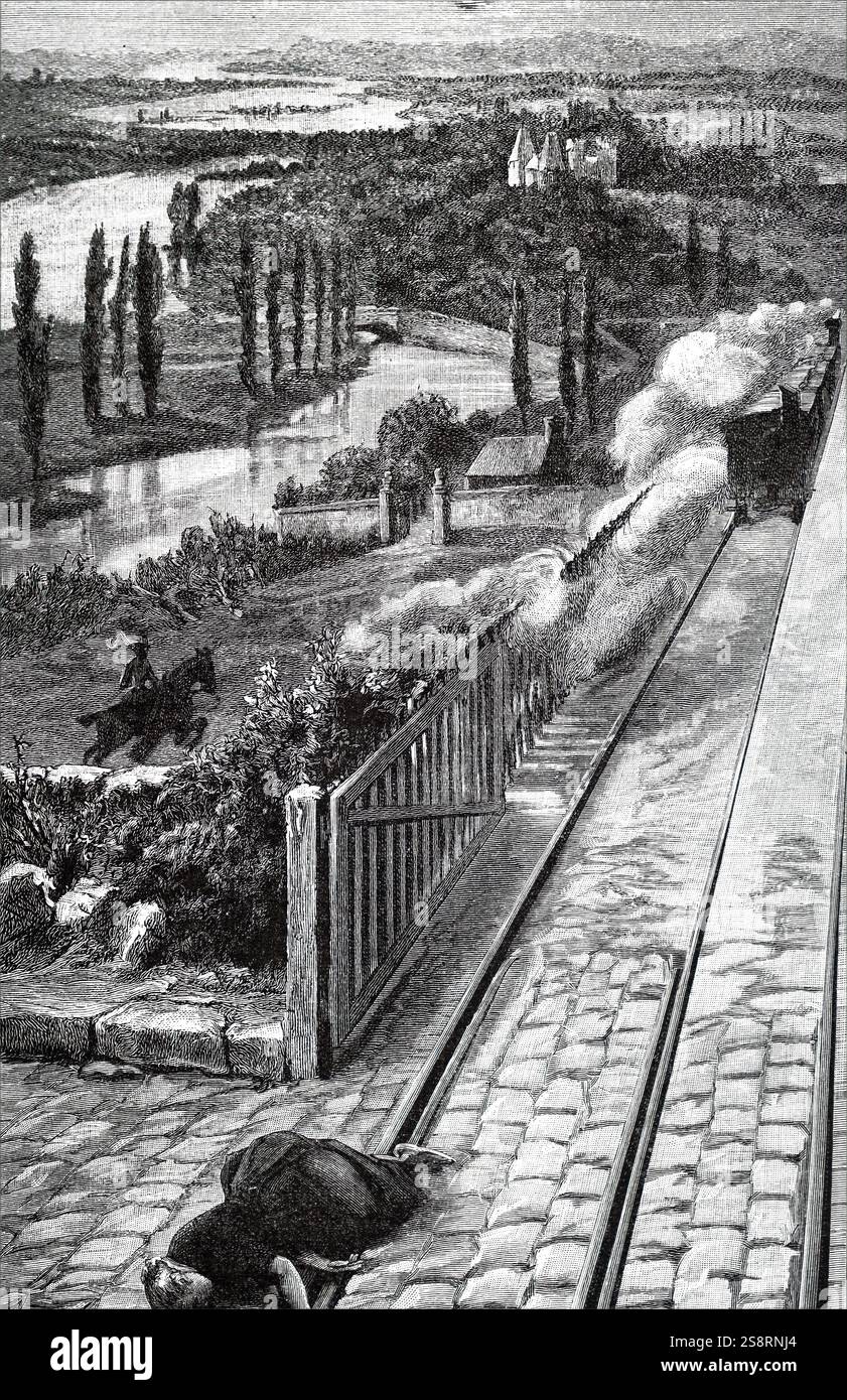 Gravure représentant une femme qui avait été frappé par un train à un passage à niveau. En date du 19e siècle Banque D'Images