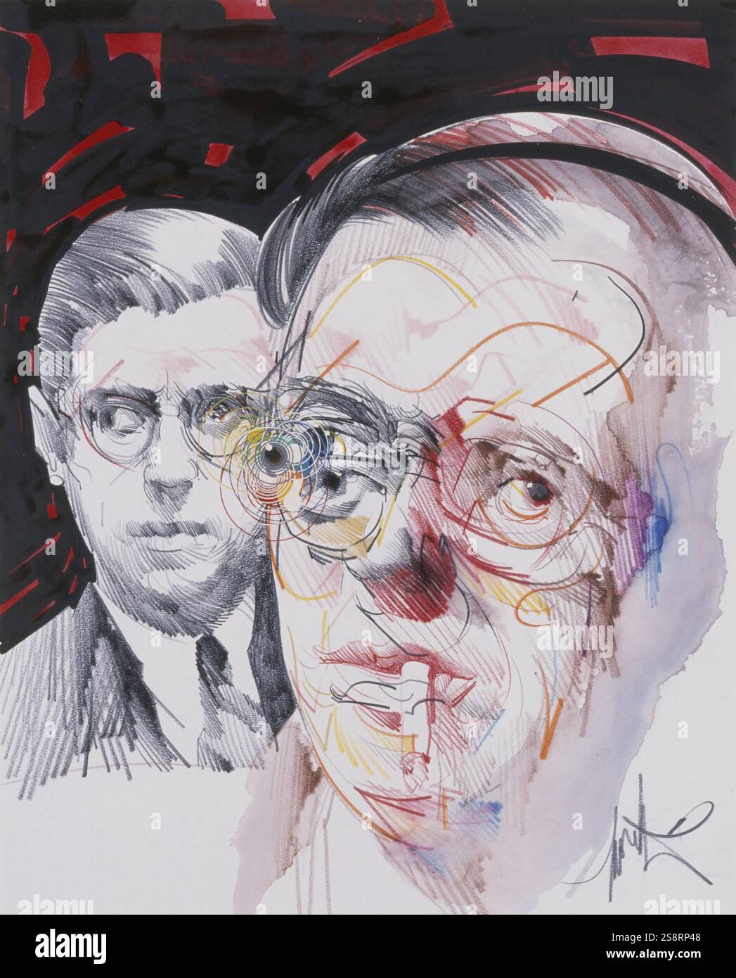 Jean-Paul Sartre (1905 - 1980), philosophe, dramaturge, romancier, activiste politique. 1990 Portrait sur une affiche par Raymond Moretti (1931-2005), un peintre et sculpteur français. Banque D'Images