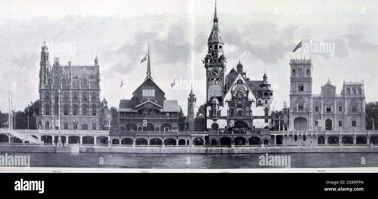 Exposition universelle Paris, 1900; l'exposition universelle de 1900, plus connue en anglais sous le nom d'exposition universelle de Paris de 1900, a été une foire mondiale qui s'est tenue à Paris, en France, du 14 avril au 12 novembre 1900, pour célébrer les réalisations du siècle passé et accélérer le développement du prochain. Le style qui était universellement présent dans l'exposition était Art Nouveau. La foire, visitée par près de 50 millions, a présenté de nombreuses innovations technologiques; photographie en noir et blanc, au-dessus de la Seine, aux palais allemand, norvégien et belge. Banque D'Images