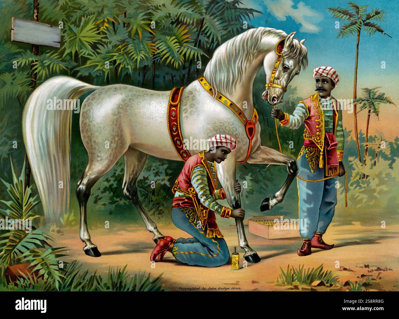 The Sultan's Steed, publié c1890. L'impression montre deux hommes turcs, l'un d'eux mettant du liniment sur la jambe du cheval Banque D'Images
