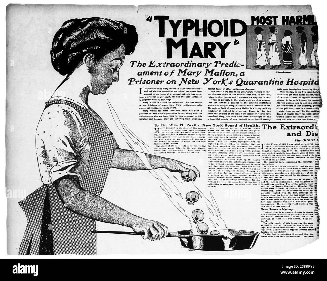 Mary Mallon (23 septembre 1869 – 11 novembre 1938), communément connue sous le nom de Typhoid Mary, est une cuisinière américaine née en Irlande qui aurait infecté 53 personnes par la fièvre typhoïde, dont trois sont décédées, et la première personne identifiée aux États-Unis comme porteuse asymptomatique de Salmonella typhi. Parce qu'elle a persisté à travailler comme cuisinière, par laquelle elle a exposé d'autres personnes à la maladie, elle a été mise en quarantaine de force par les autorités à deux reprises, finalement pour les deux dernières décennies de sa vie. Mallon est mort après un total de près de 30 ans en isolement Banque D'Images Mary Mallon (23 septembre 1869 – 11 novembre 1938), communément connue sous le nom de Typhoid Mary, est une cuisinière américaine née en Irlande qui aurait infecté 53 personnes par la fièvre typhoïde, dont trois sont décédées, et la première personne identifiée aux États-Unis comme porteuse asymptomatique de Salmonella typhi. Parce qu'elle a persisté à travailler comme cuisinière, par laquelle elle a exposé d'autres personnes à la maladie, elle a été mise en quarantaine de force par les autorités à deux reprises, finalement pour les deux dernières décennies de sa vie. Mallon est mort après un total de près de 30 ans en isolement Banque D'Images