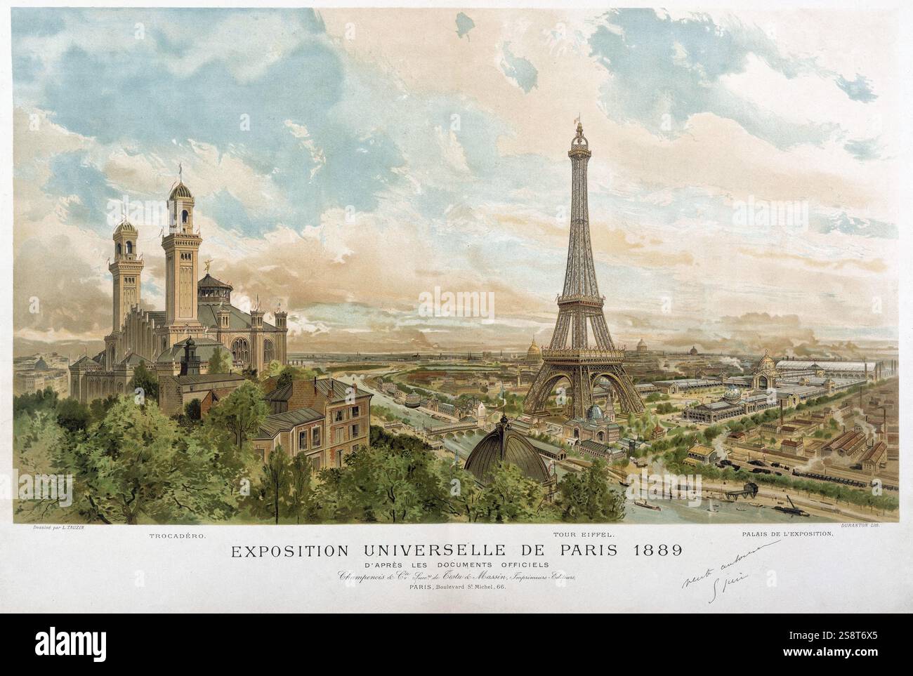 Duranton et Louis Tauzin Tour Eiffel exposition universelle de Paris, 1889, d'après les documents officiels. XIXe siècle Paris paysage urbain horizon affiche d'art vintage vue panoramique inauguration de la Tour Eiffel exposition universelle art imprimé antique Banque D'Images Duranton et Louis Tauzin Tour Eiffel exposition universelle de Paris, 1889, d'après les documents officiels. XIXe siècle Paris paysage urbain horizon affiche d'art vintage vue panoramique inauguration de la Tour Eiffel exposition universelle art imprimé antique Banque D'Images