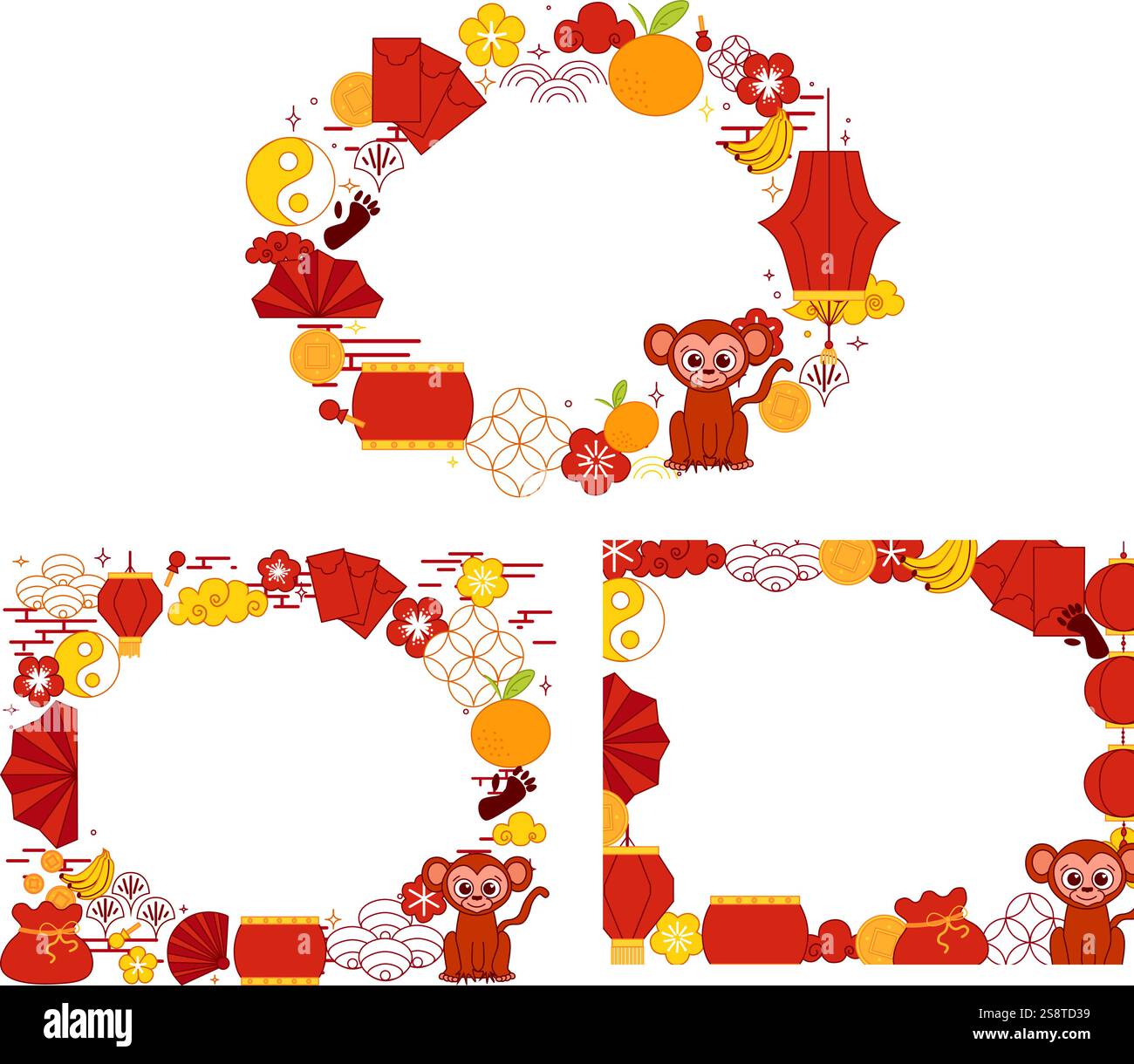 2028 CNY Monkey Zodiac thème cadres ovales définir des modèles, des mises en page, y compris des bannières Web et des messages de médias sociaux. Style artistique mignon et audacieux. Graphique vectoriel l Illustration de Vecteur