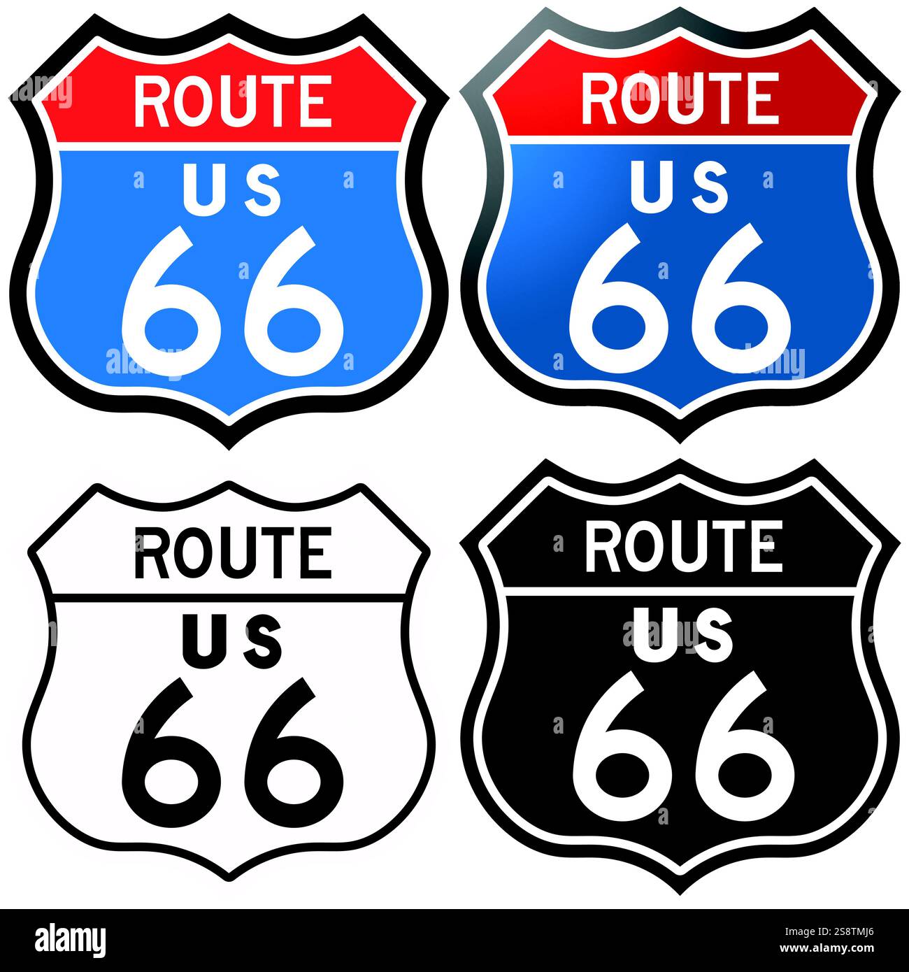 Panneau routier américain pour la célèbre route 66, en couleur, dégradé, noir et blanc et blanc et noir, isolé sur fond blanc Illustration de Vecteur