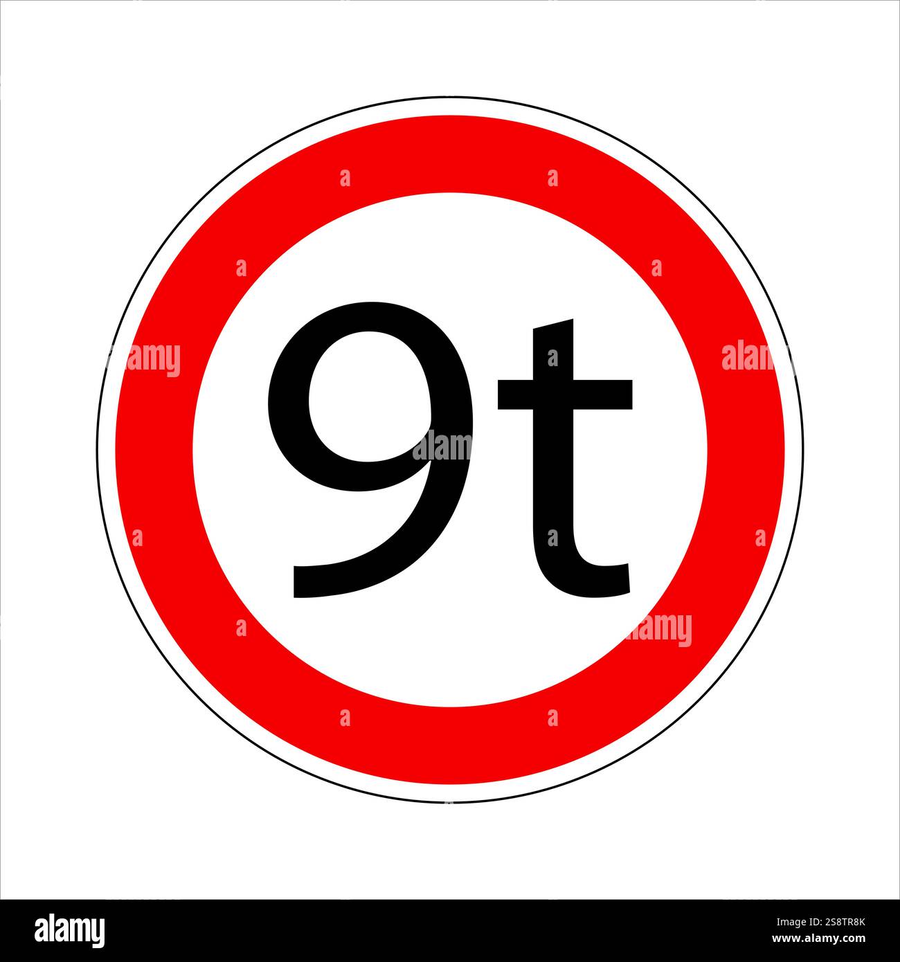 Panneau routier réglementaire indiquant une limite de poids pour les véhicules, interdisant le passage à ceux de plus de 9 tonnes Illustration de Vecteur