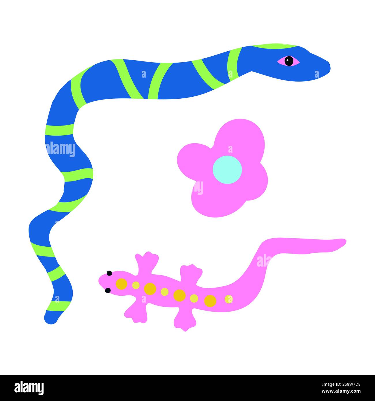 Illustration colorée de reptile avec un serpent bleu, une salamandre rose et une fleur. Un design ludique et exotique pour des concepts sur le thème de la nature et de la forêt tropicale Illustration de Vecteur