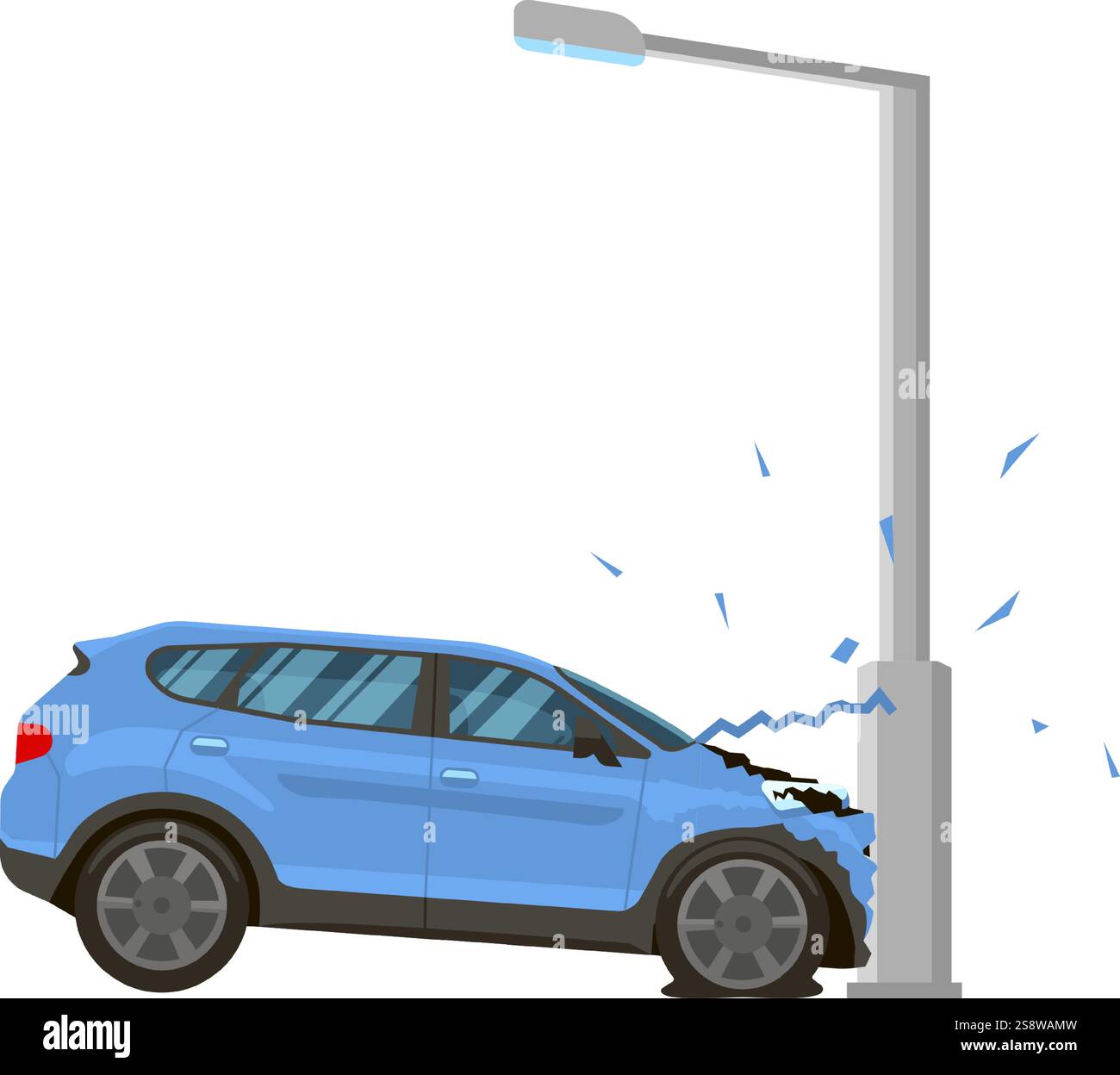 Accident de voiture impliquant un véhicule endommagé s'écrasant dans un poteau de réverbère, représentant une situation désagréable et dangereuse sur une route de ville en vecteur Illustration de Vecteur