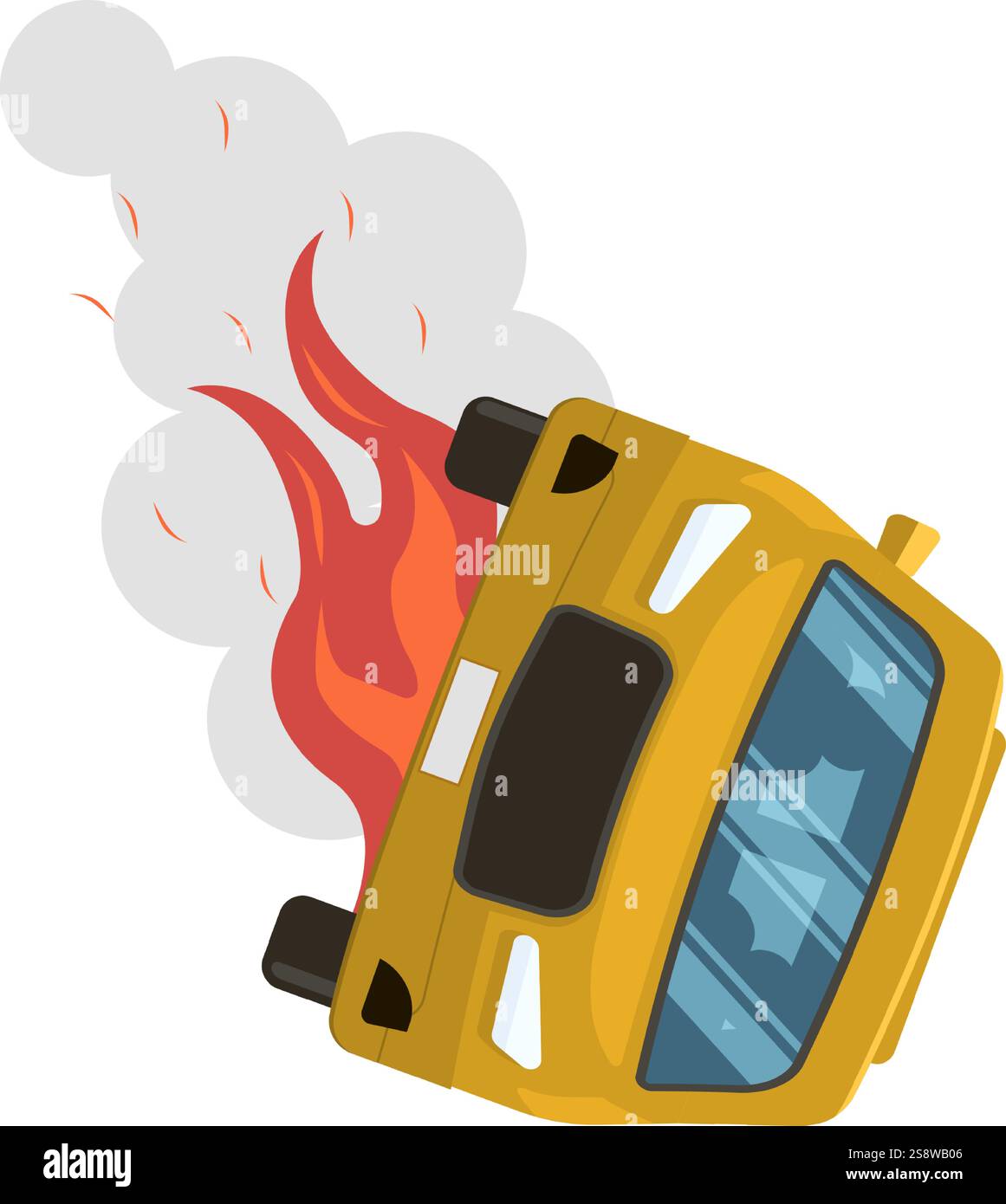 Bus jaune en feu émettant de la fumée après un accident de la route dangereux, représentant les conséquences de la conduite imprudente et l'importance de la sécurité routière Illustration de Vecteur