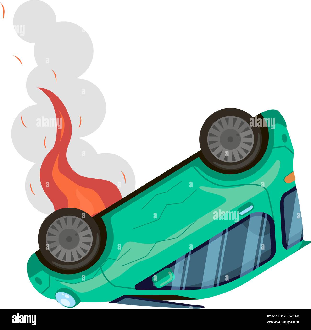 Voiture verte endommagée couchée la tête en bas et engloutie dans les flammes, dégageant une épaisse fumée, illustrant les conséquences dévastatrices d'un grave accident de la route Illustration de Vecteur