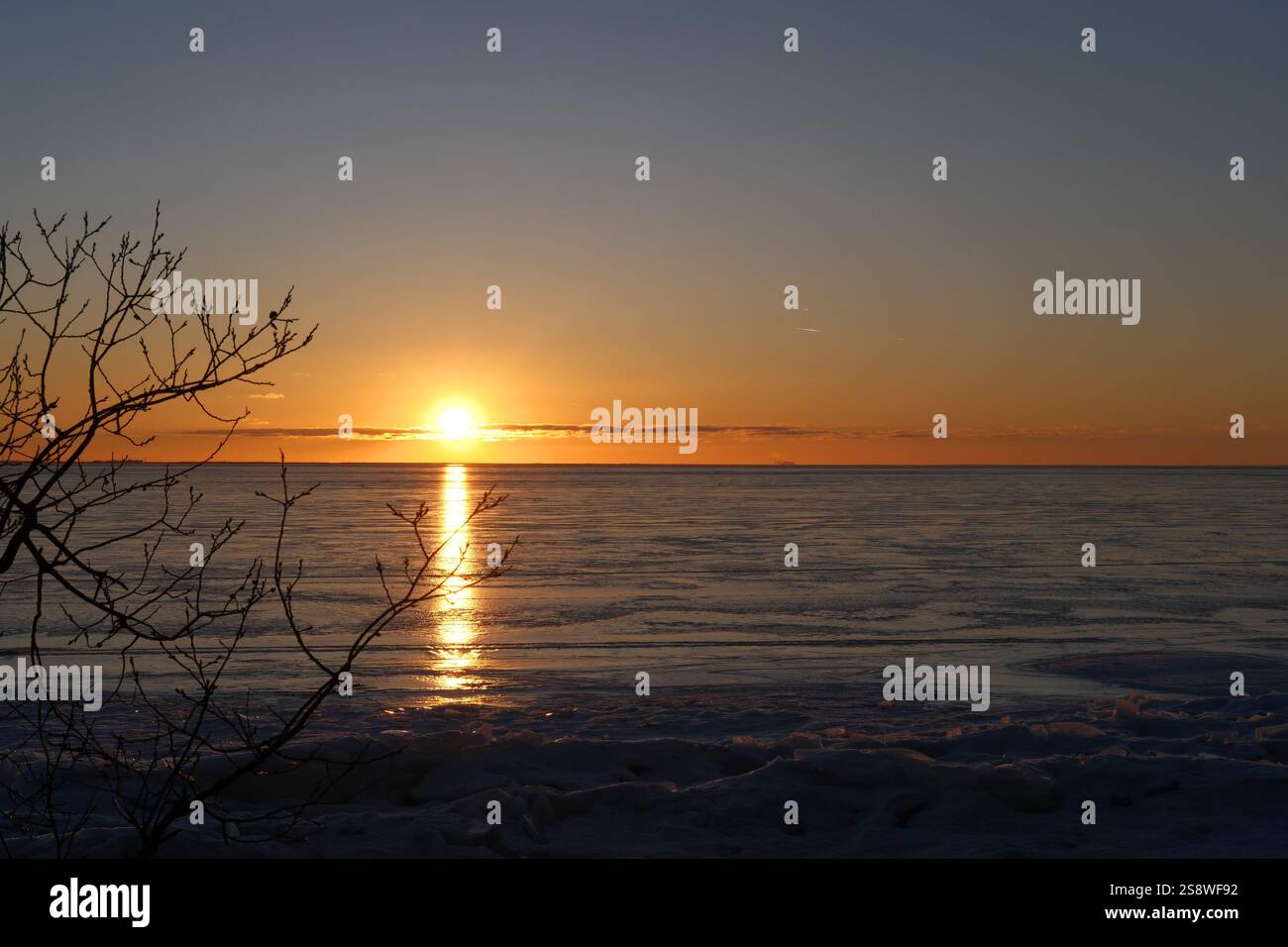 Coucher de soleil sur la plage de la mer Baltique, golfe de Finlande recouvert de couche de glace. Nature, mer et plages en hiver. Copier l'espace Banque D'Images
