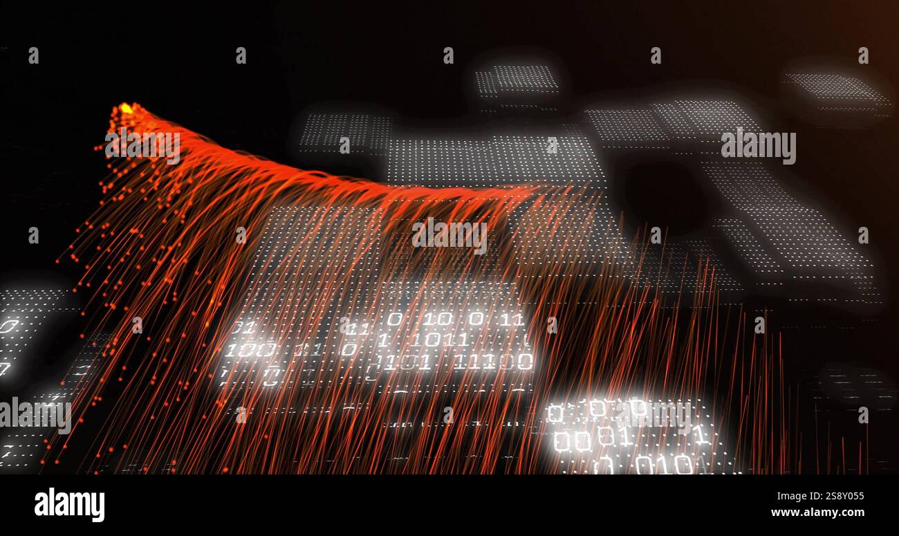 Flux de données rouges et image de code binaire sur fond de matrice numérique Banque D'Images