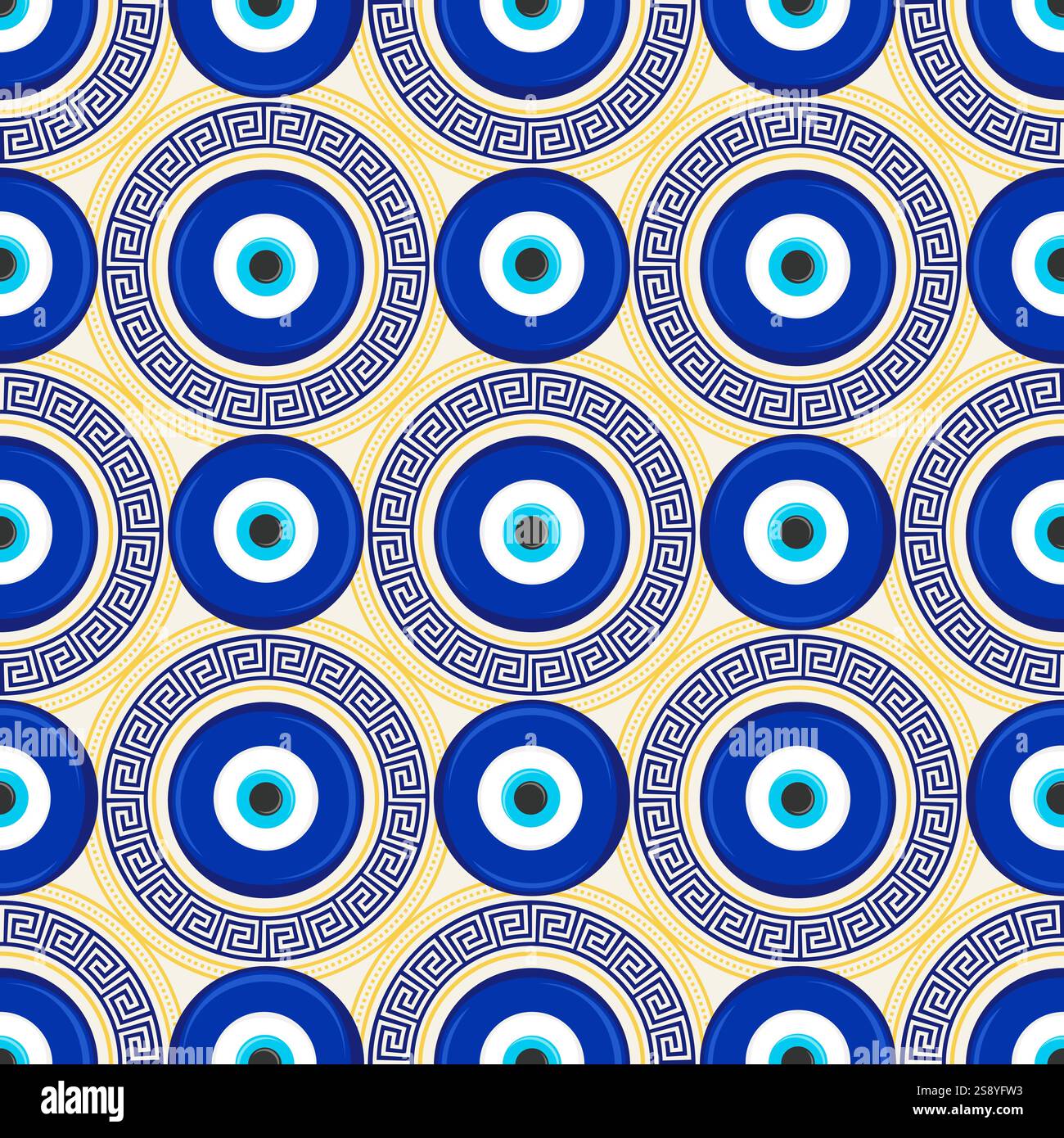 Motif mauvais oeil sans couture. Perle bleue turque avec méandre. Fond magique de vecteur grec avec le symbole ethnique nazar de protection et de chance. Traditionnel Illustration de Vecteur
