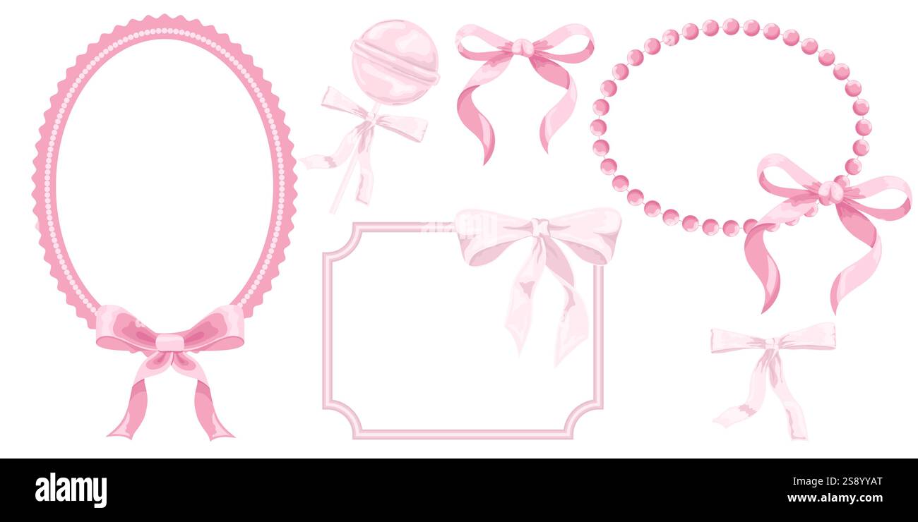 Illustration vectorielle de l'arc vintage girly rose et de l'ensemble de cadre. Archet pour décor de cheveux plat. Rubans isolés. Sucette rose. Éléments de coiffure mignons Illustration de Vecteur