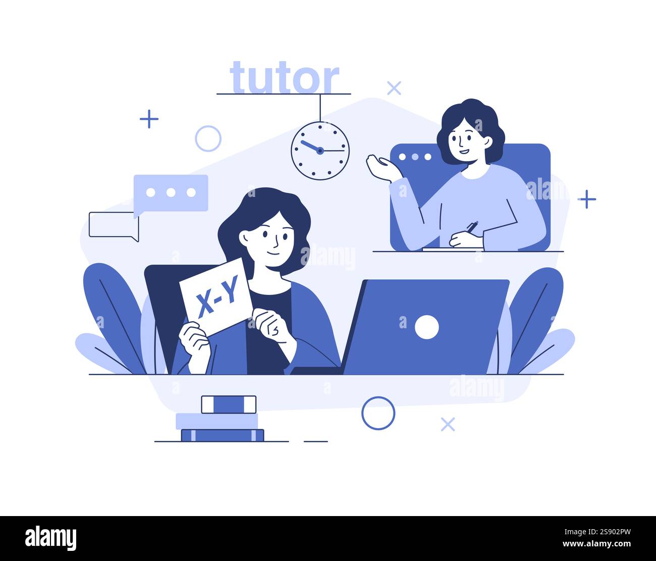 Illustration vectorielle d'un tuteur de mathématiques assis devant un ordinateur portable et tenant une carte avec X-Y écrit dessus. Un étudiant et un enseignant Illustration de Vecteur