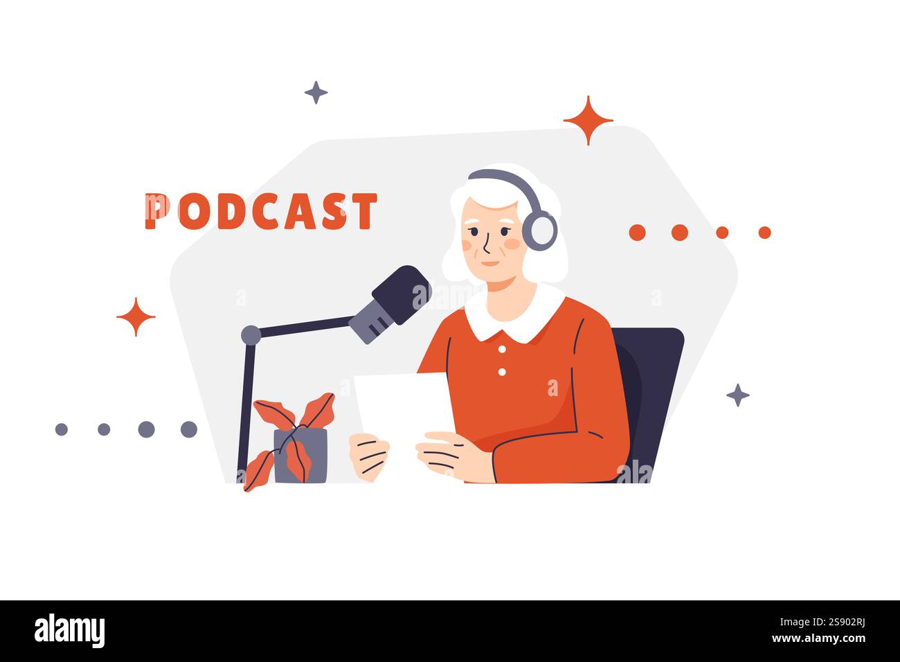 Une femme âgée avec des écouteurs, animant un podcast, assise à une table avec des notes. Personnage aux cheveux gris partageant des connaissances avec un public Illustration de Vecteur