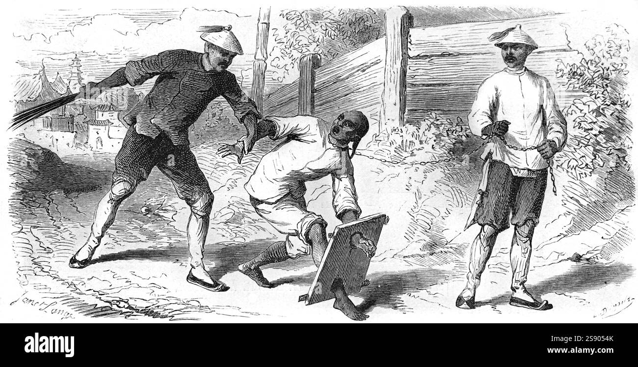 Voleur chinois avec le pied dans les stocks ou dispositif de retenue et LED dans les chaînes par la police chinoise Pékin ou Pékin Chine. Gravure vintage ou historique ou illustration 1864 Banque D'Images