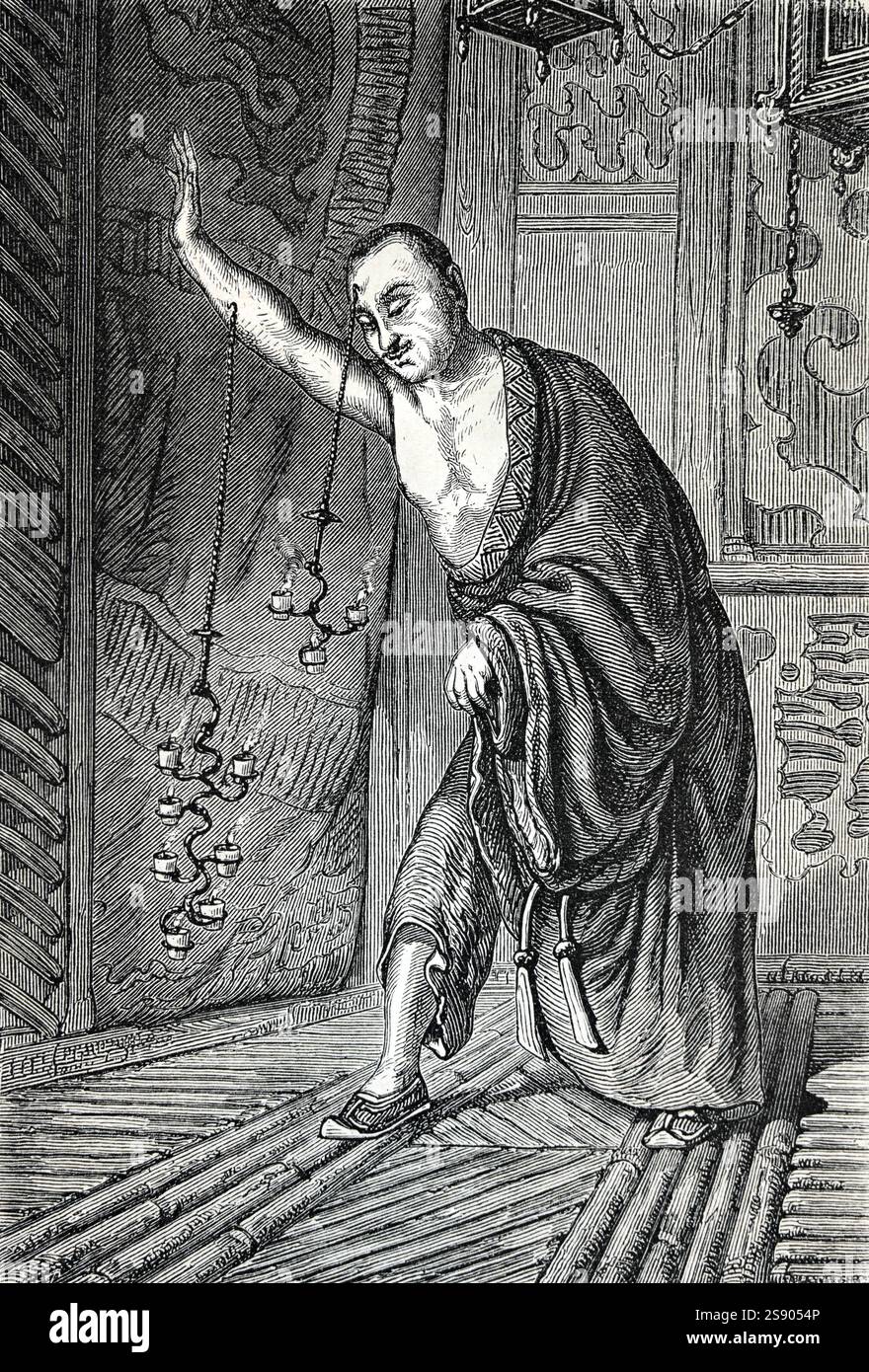 Bonze bouddhiste, Bhikkhu ou moine automutilation, flagellation ou torture dans le cadre de pénitence bouddhiste ou repentence pour péchés dans le temple bouddhiste Tibet Chine. Gravure vintage ou historique ou illustration 1864. Banque D'Images