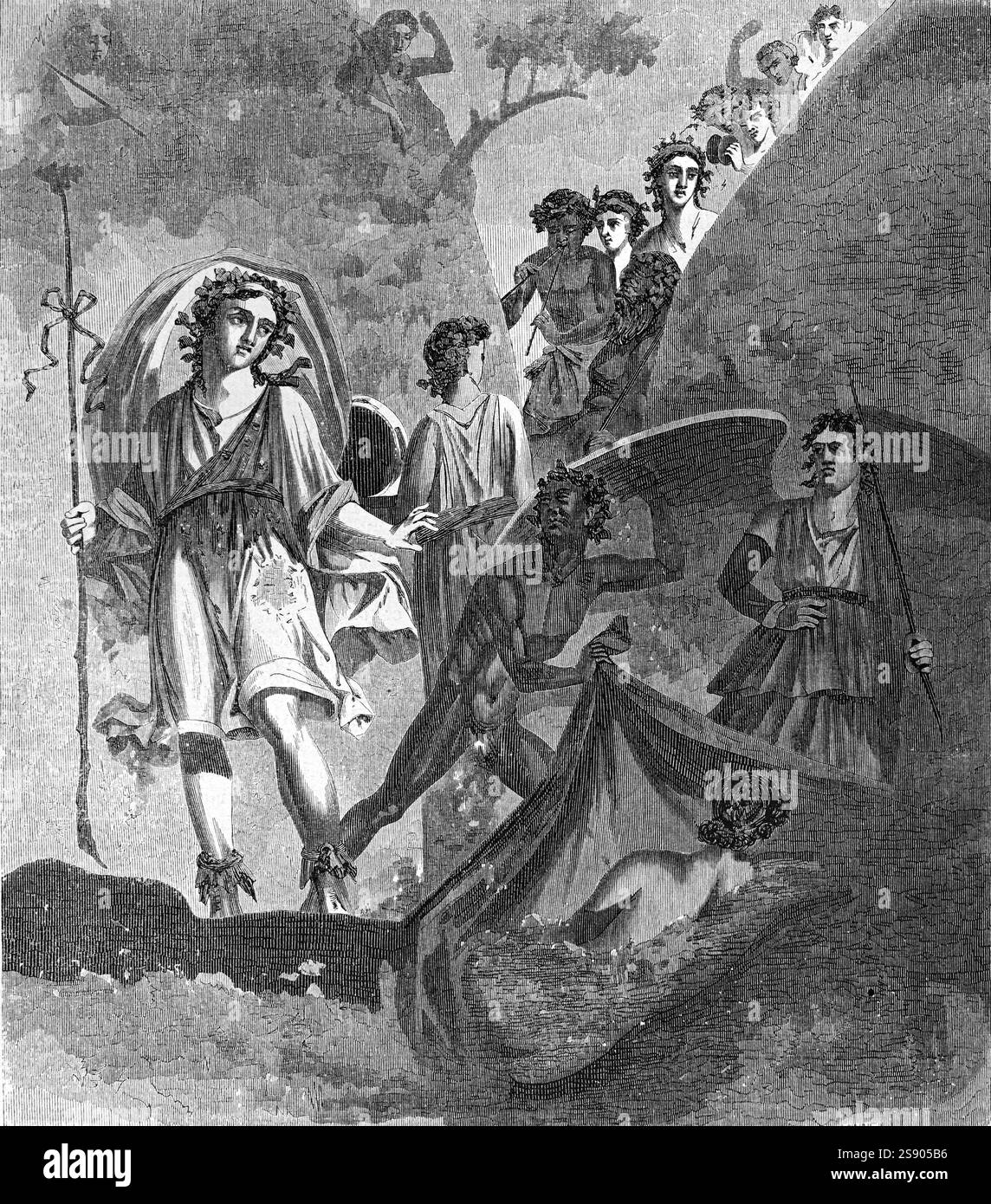 Peinture murale ou Freco d'Ariane et Bacchus dans la Maison de Paquius Proculus dans l'ancienne cité romaine de Pompéi, Pompéi Naples Italie. Illustration vintage ou historique ou gravure 1864 Banque D'Images