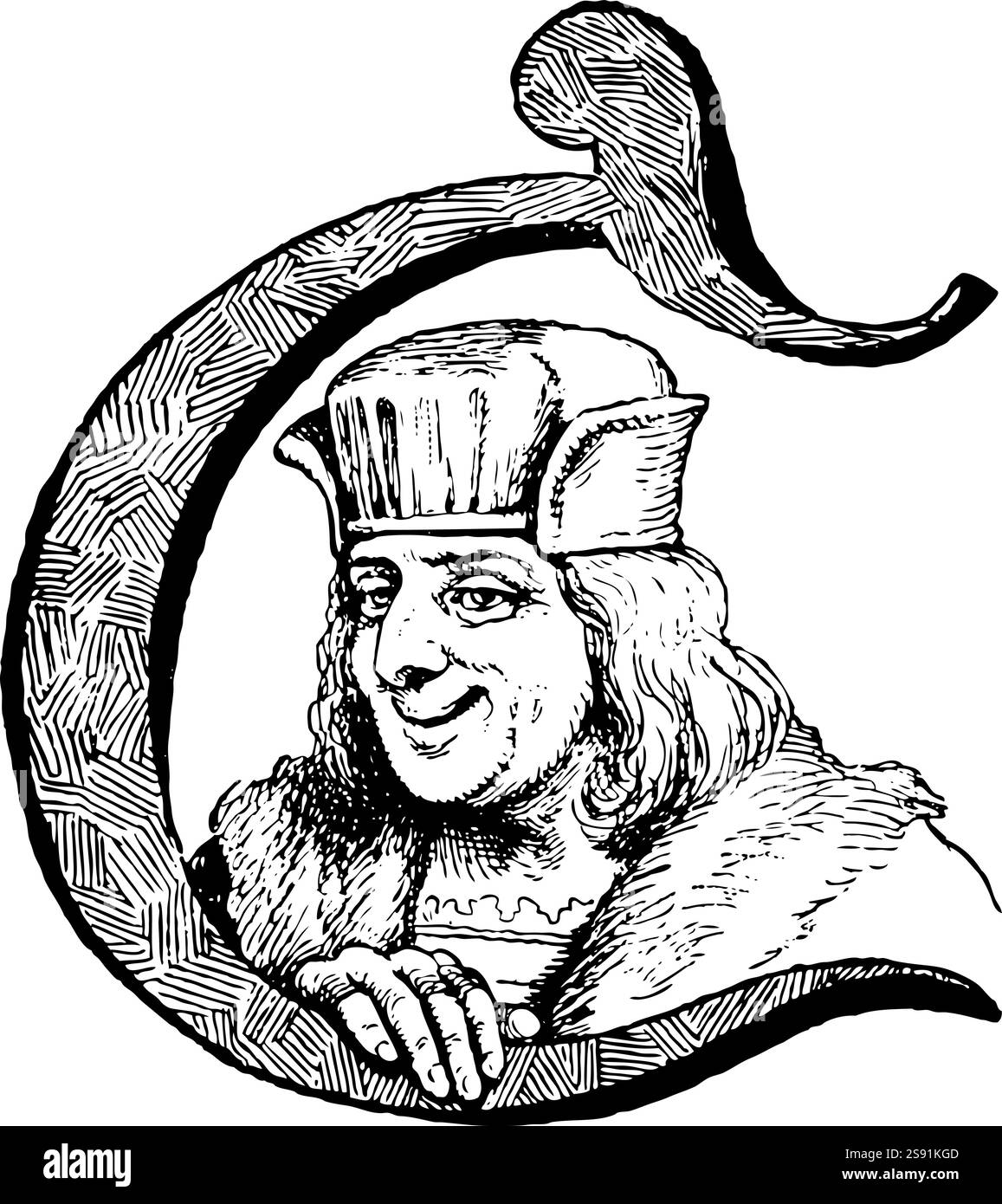 Homme souriant des années 1400, en vêtements d'époque, vêtu d'une casquette, appuyé sur une lettre C. dessin vintage, Illustration de Vecteur