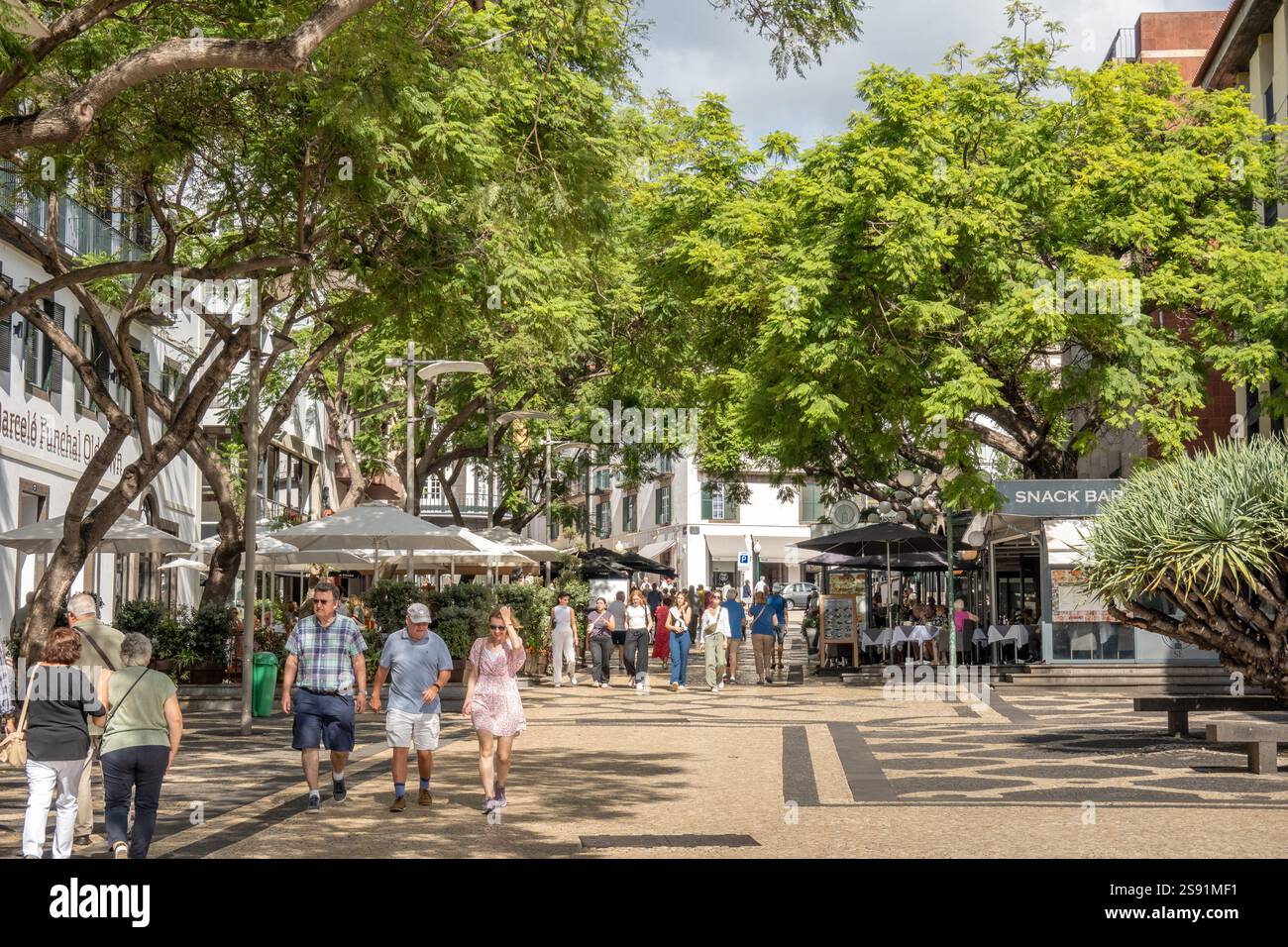 Les touristes marchent sur la Rua Dr Antonio Jose de Almeida, Funchal Madère, Portugal, rue piétonne avec bars et cafés Banque D'Images