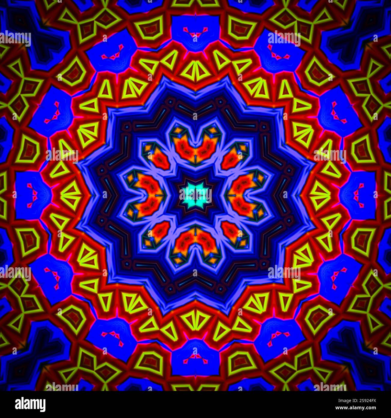 Un kaléidoscope unique réalisé à partir d'une photographie. Fond abstrait de kaléidoscope. Beau motif circulaire psychédélique. Texture géométrique multicolore Banque D'Images