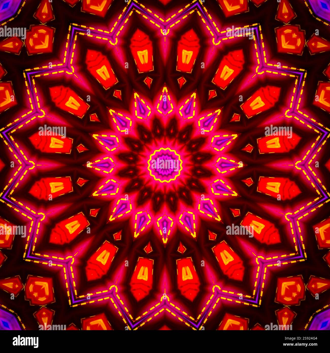 Un kaléidoscope unique réalisé à partir d'une photographie. Fond abstrait de kaléidoscope. Beau motif circulaire psychédélique. Texture géométrique multicolore Banque D'Images