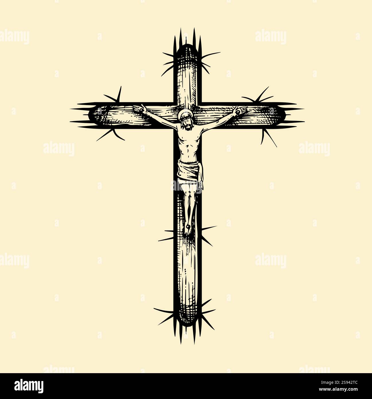 Jésus Christ, le Fils de Dieu dans une couronne d'épines sur sa tête, un symbole du christianisme hand drawn vector illustration croquis Illustration de Vecteur